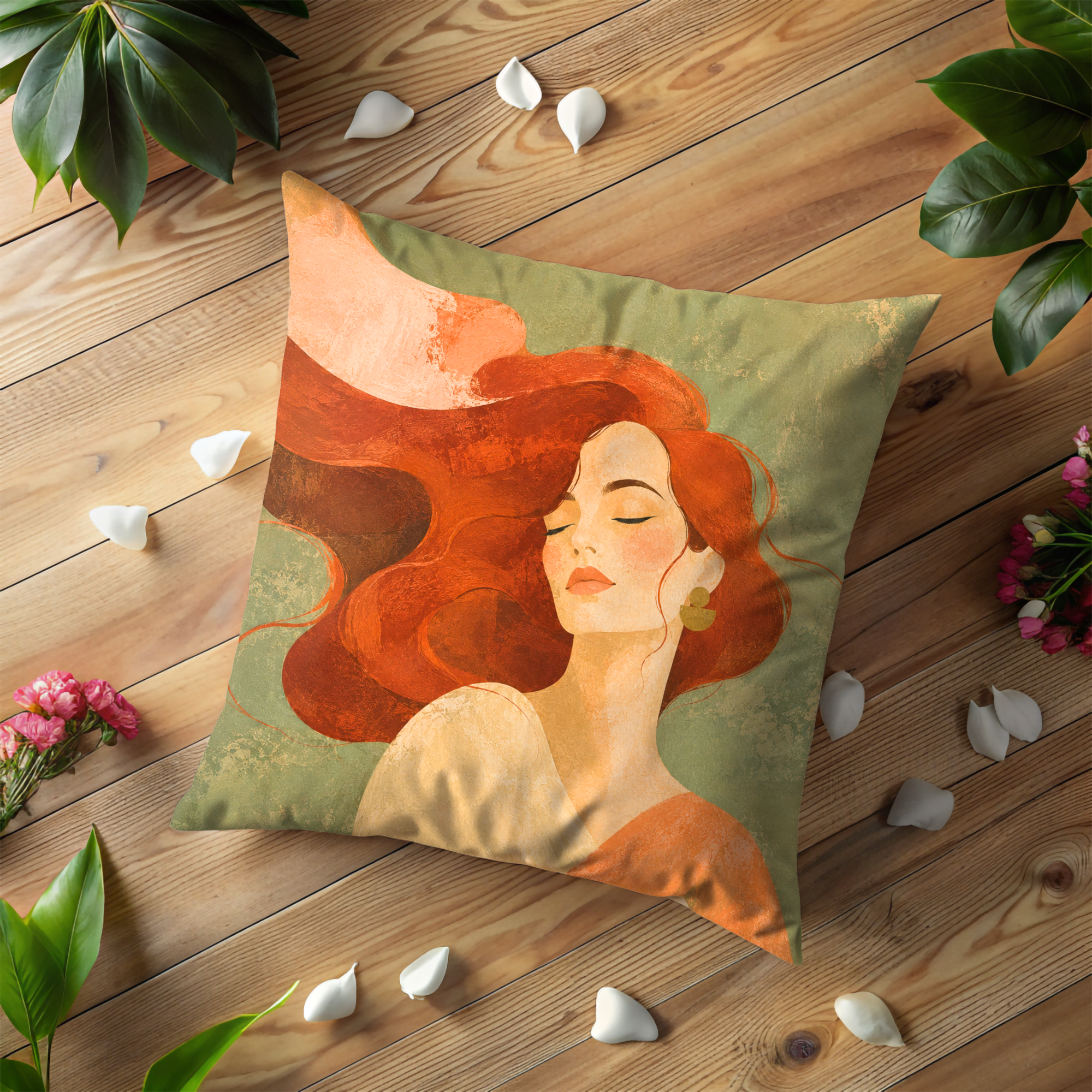 Red Hair Woman and Sun Pillow Cover | Textured Green Portrait Art