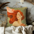 Red Hair Woman and Sun Pillow Cover | Textured Green Portrait Art