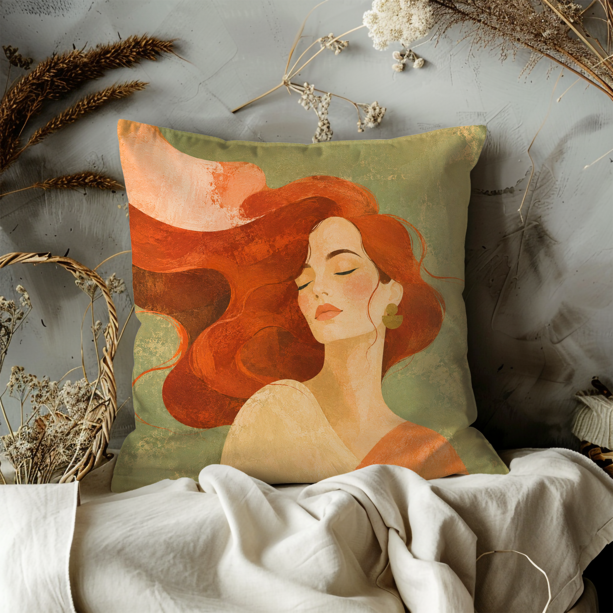 Red Hair Woman and Sun Pillow Cover | Textured Green Portrait Art