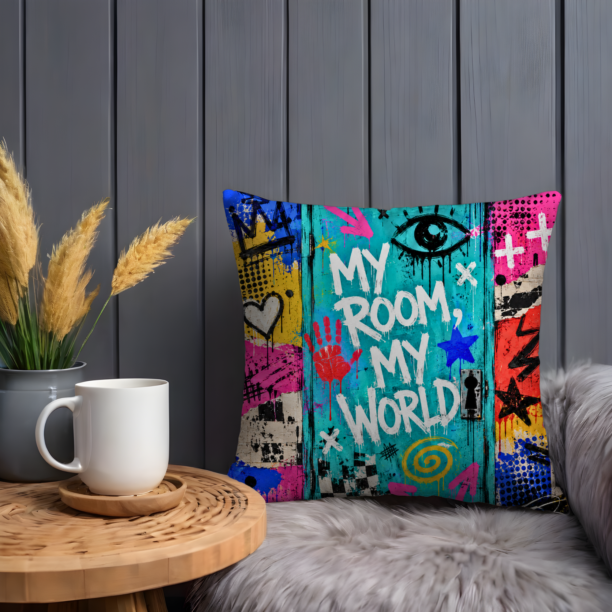 My Room My World Pillow Cover | Bold Graffiti Art | Street Style Decor