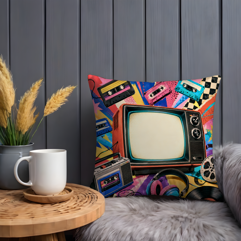 Retro Media Collage Pillow Cover | 80s & 90s Nostalgia Decor