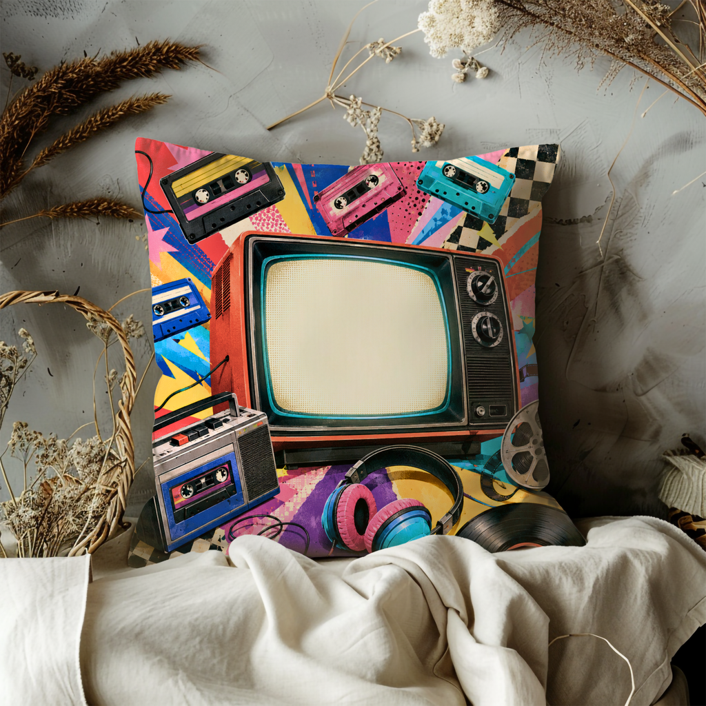 Retro Media Collage Pillow Cover | 80s & 90s Nostalgia Decor
