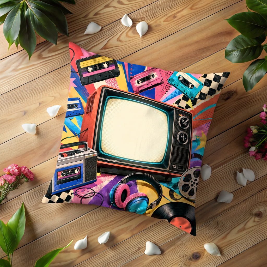 Retro Media Collage Pillow Cover | 80s & 90s Nostalgia Decor