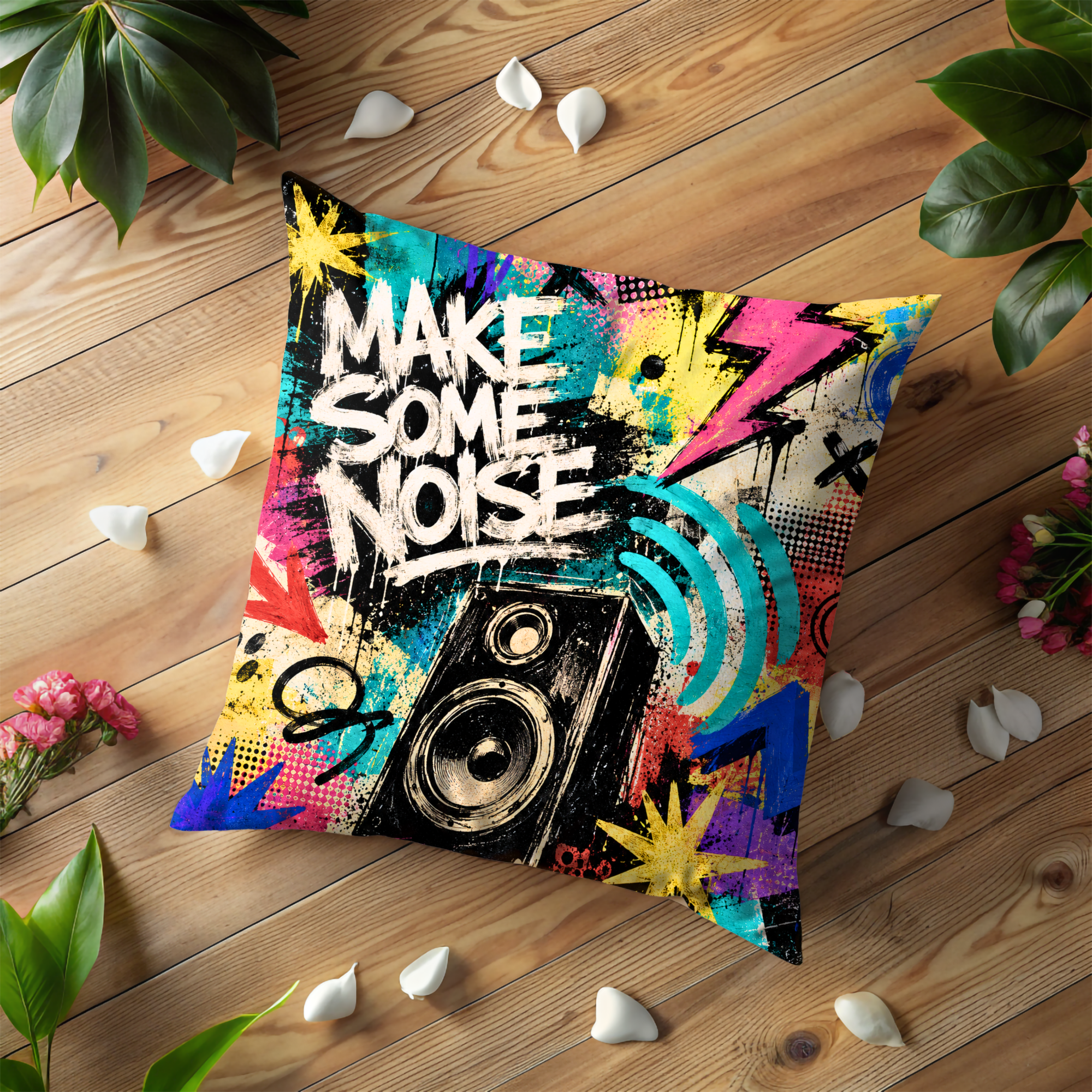 Make Some Noise Pillow Cover | Bold Graffiti Speaker Art