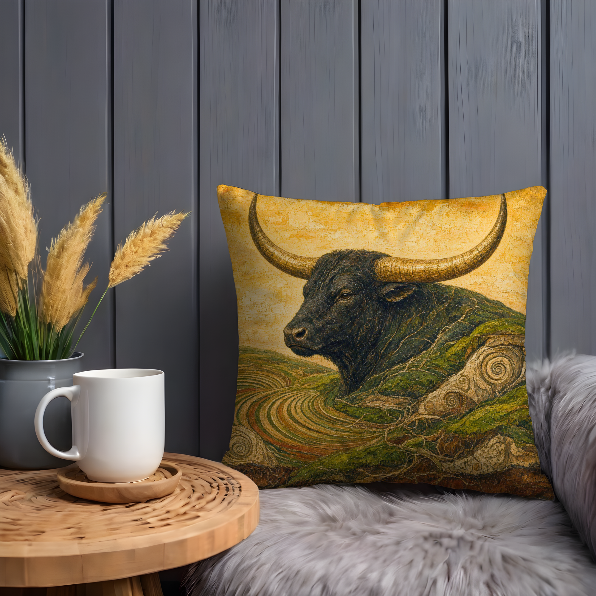 Longhorn Bull Landscape Pillow Cover | Textured Rustic Western Art