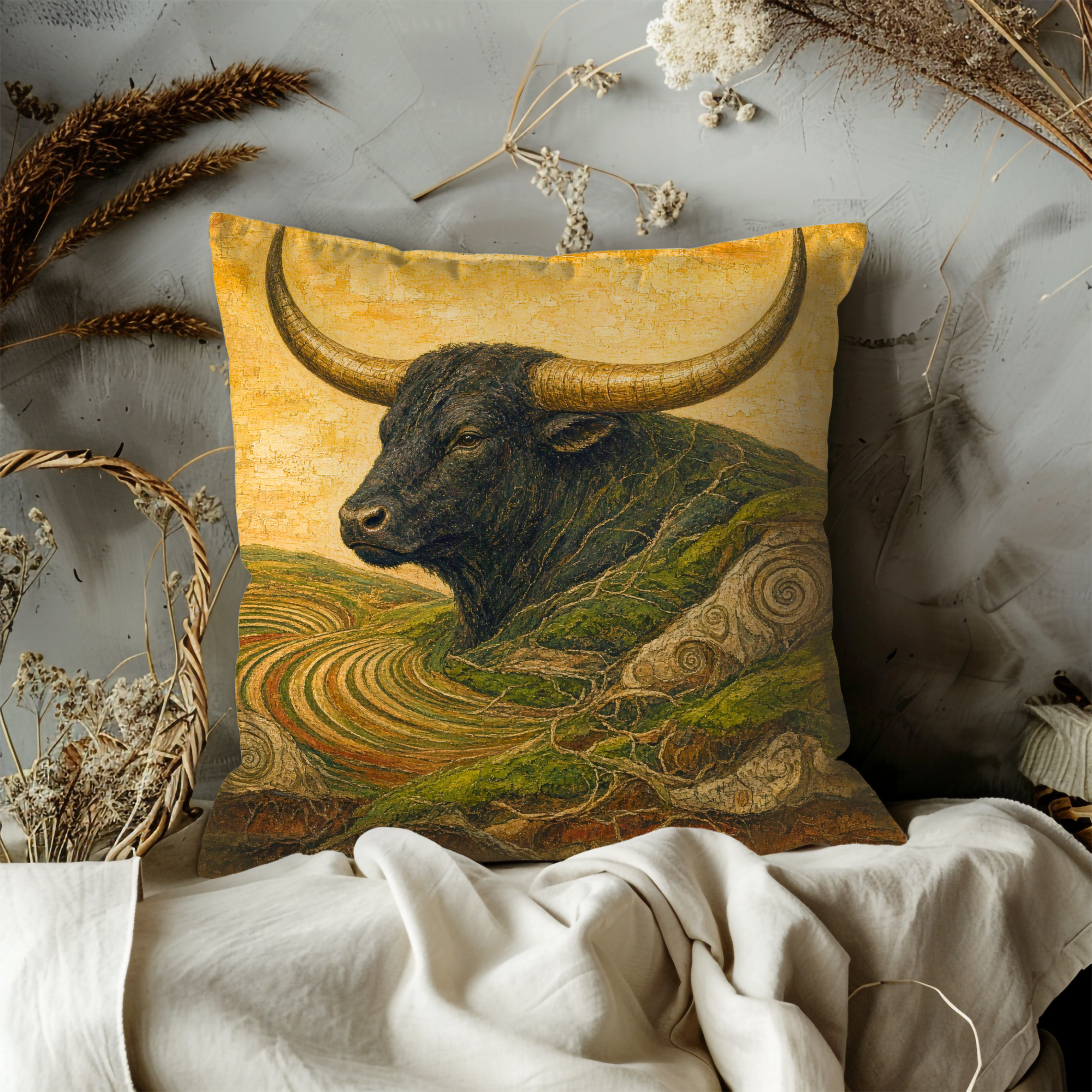 Longhorn Bull Landscape Pillow Cover | Textured Rustic Western Art