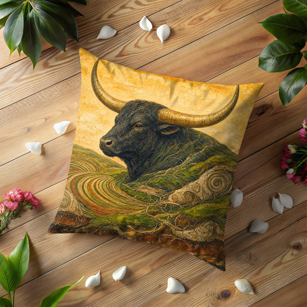 Longhorn Bull Landscape Pillow Cover | Textured Rustic Western Art