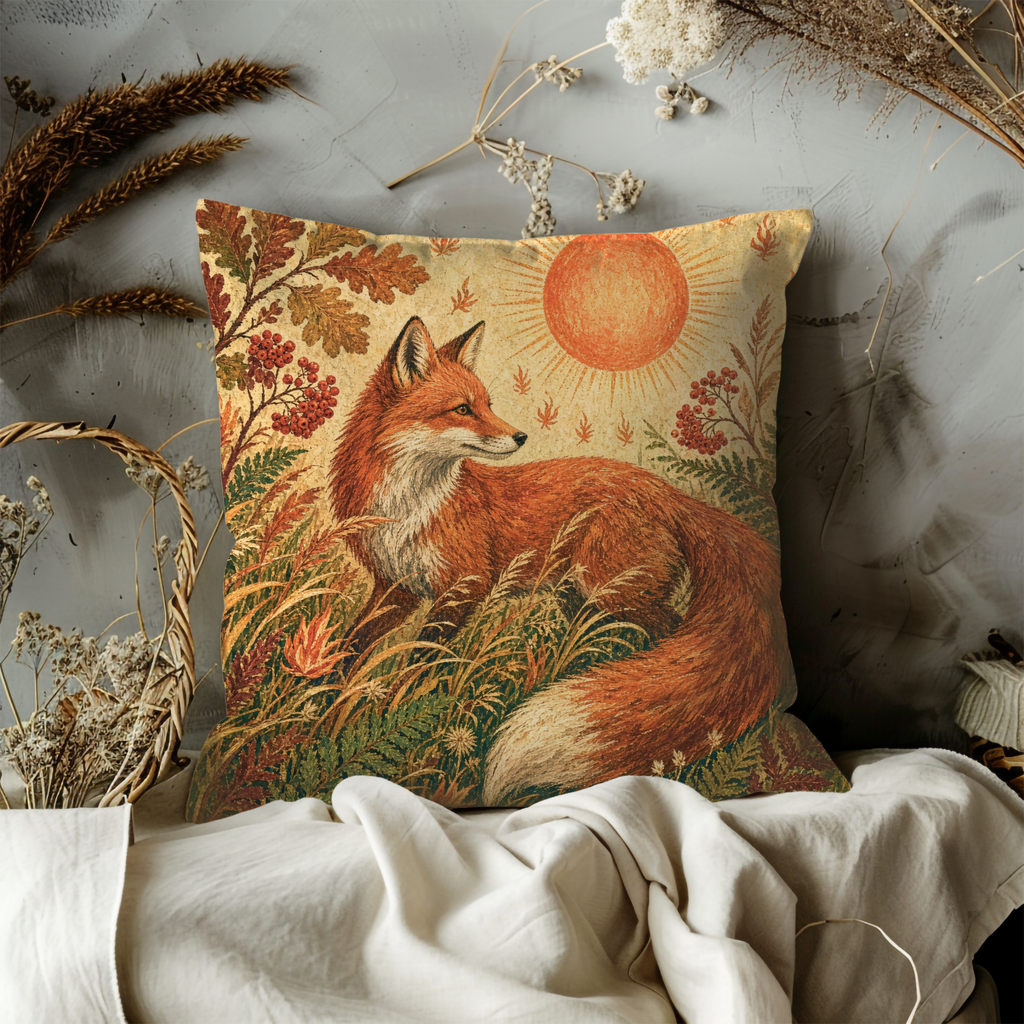 Red Fox Autumn Meadow Pillow Cover | Textured Woodland Art