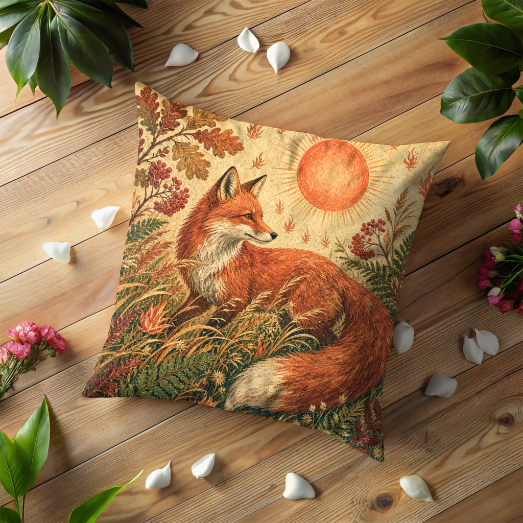 Red Fox Autumn Meadow Pillow Cover | Textured Woodland Art
