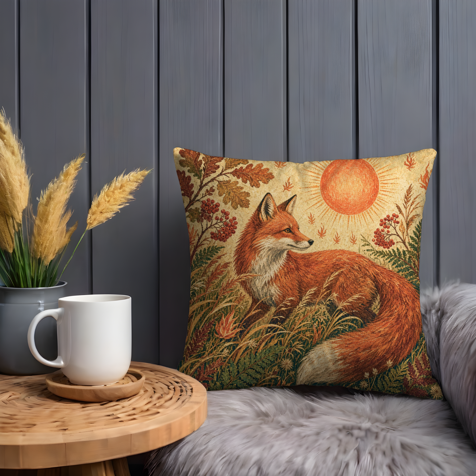 Red Fox Autumn Meadow Pillow Cover | Textured Woodland Art