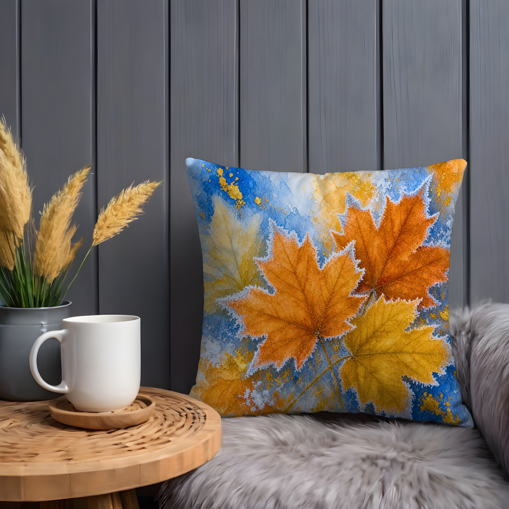 Autumn Maple Leaves Pillow Cover | Blue Watercolor Botanical Art