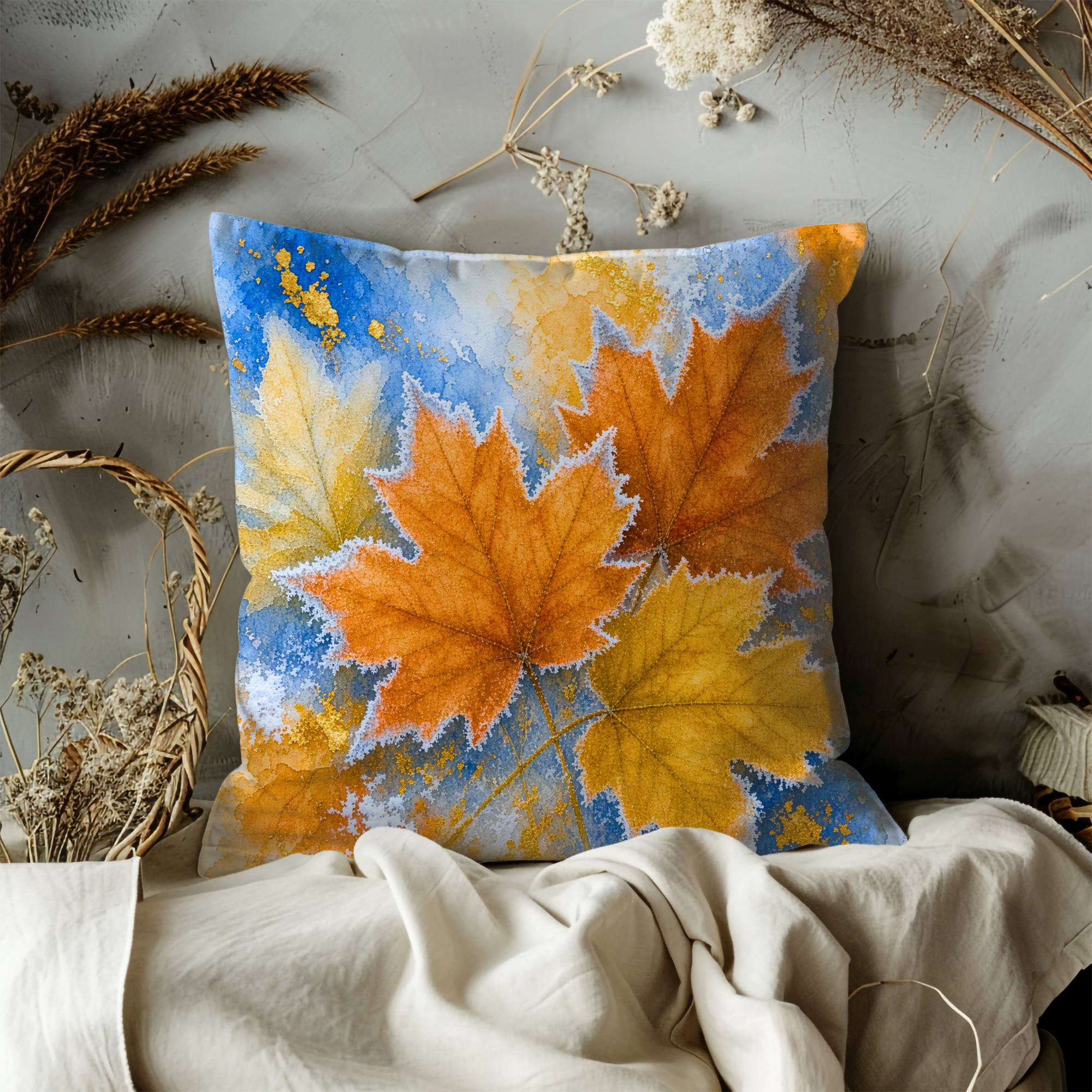 Autumn Maple Leaves Pillow Cover | Blue Watercolor Botanical Art