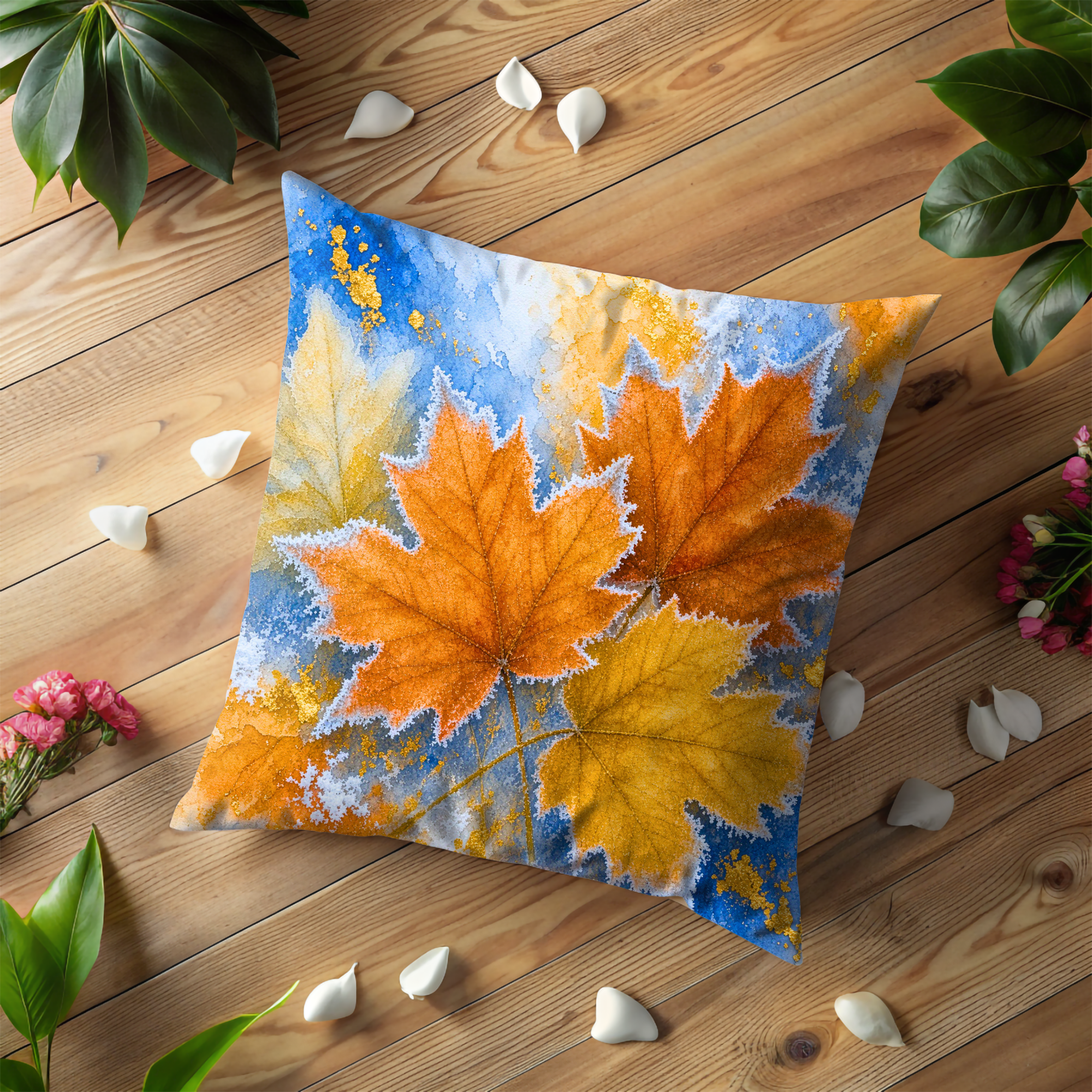 Autumn Maple Leaves Pillow Cover | Blue Watercolor Botanical Art