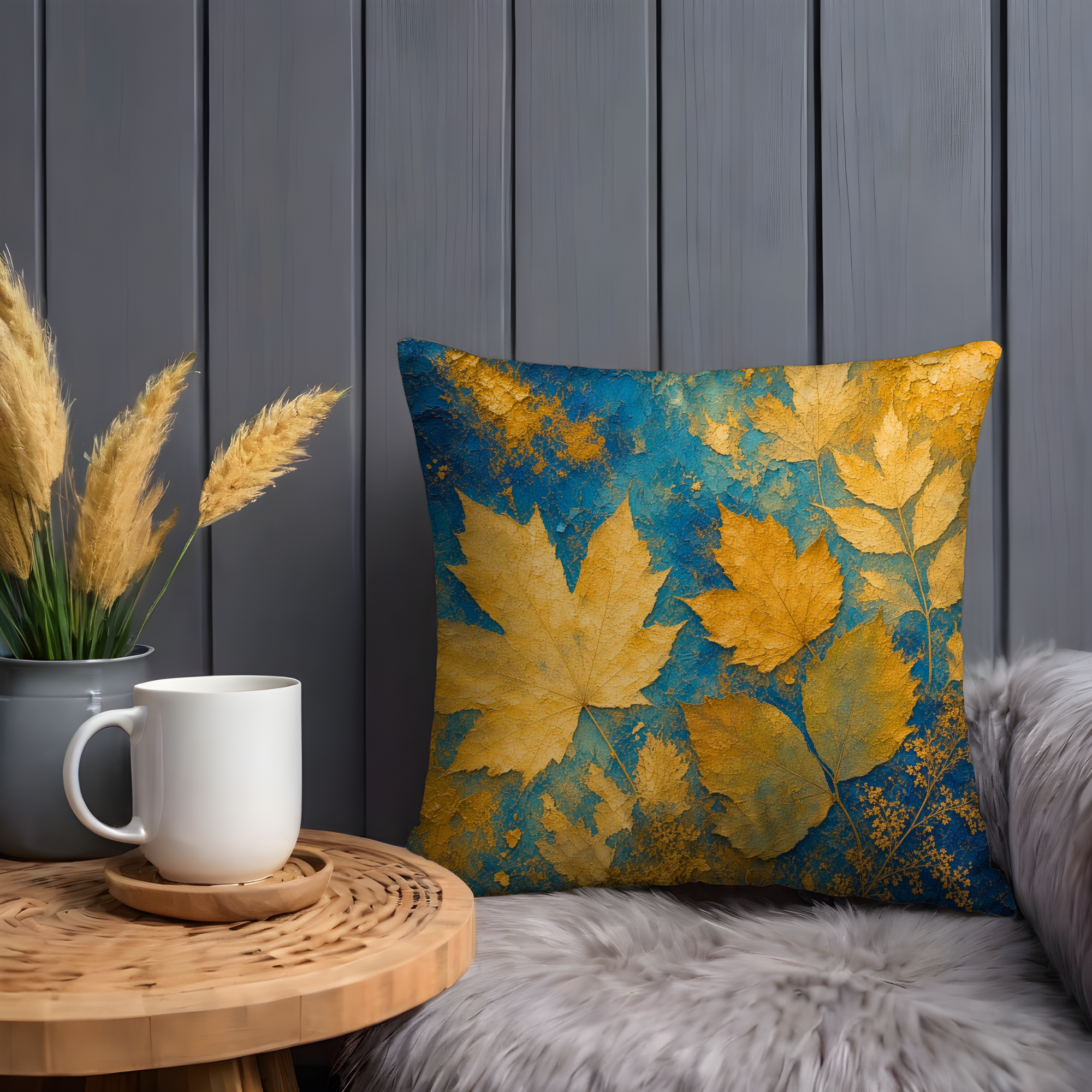 Golden Maple Leaves Pillow Cover | Textured Blue Botanical Art