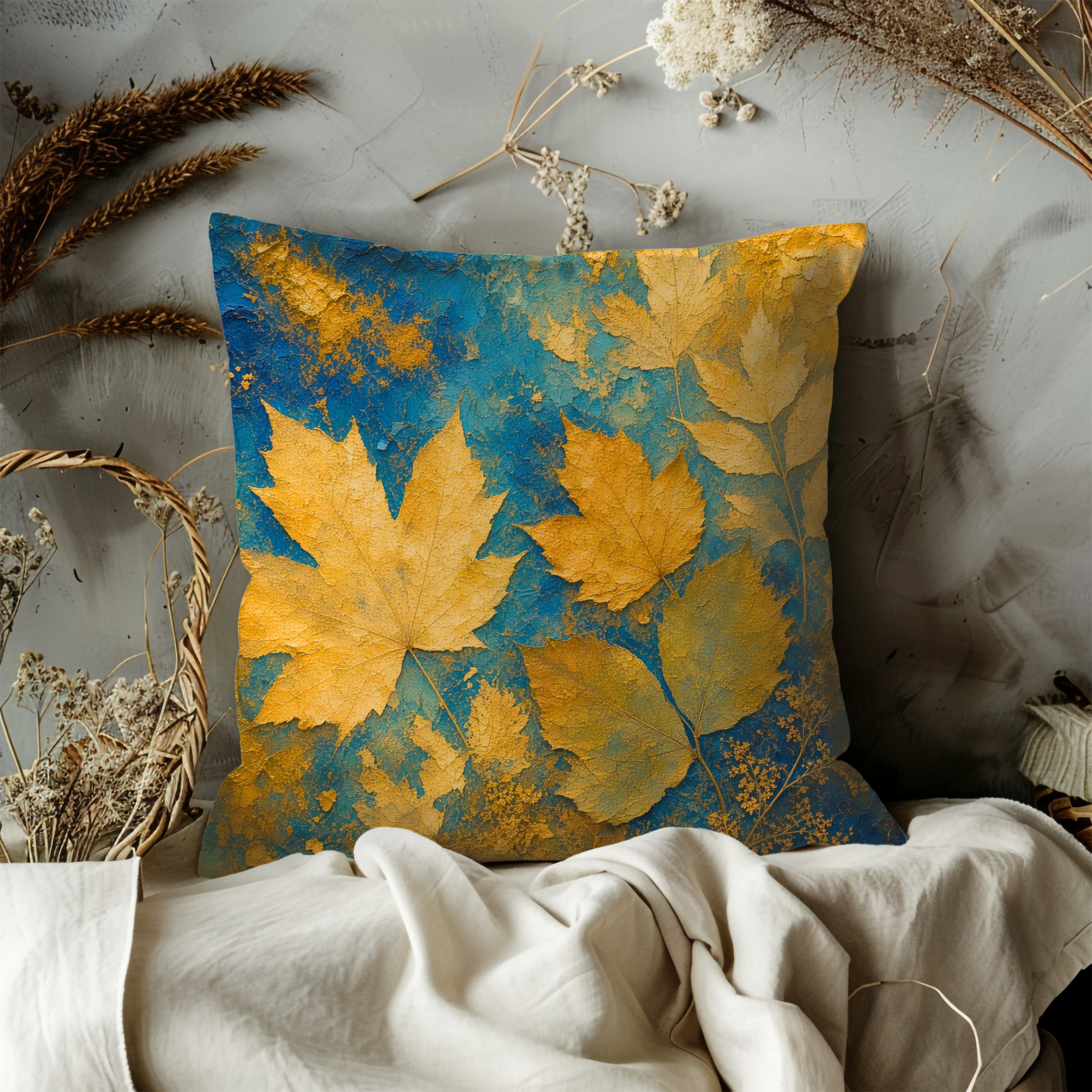 Golden Maple Leaves Pillow Cover | Textured Blue Botanical Art