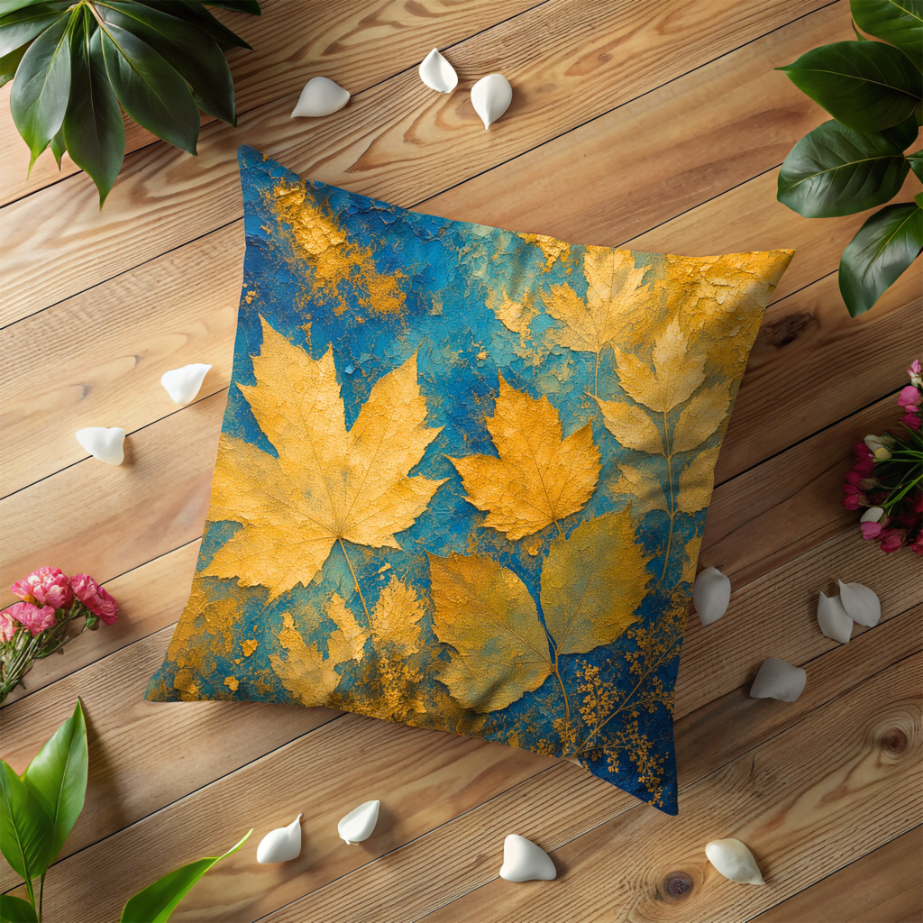 Golden Maple Leaves Pillow Cover | Textured Blue Botanical Art
