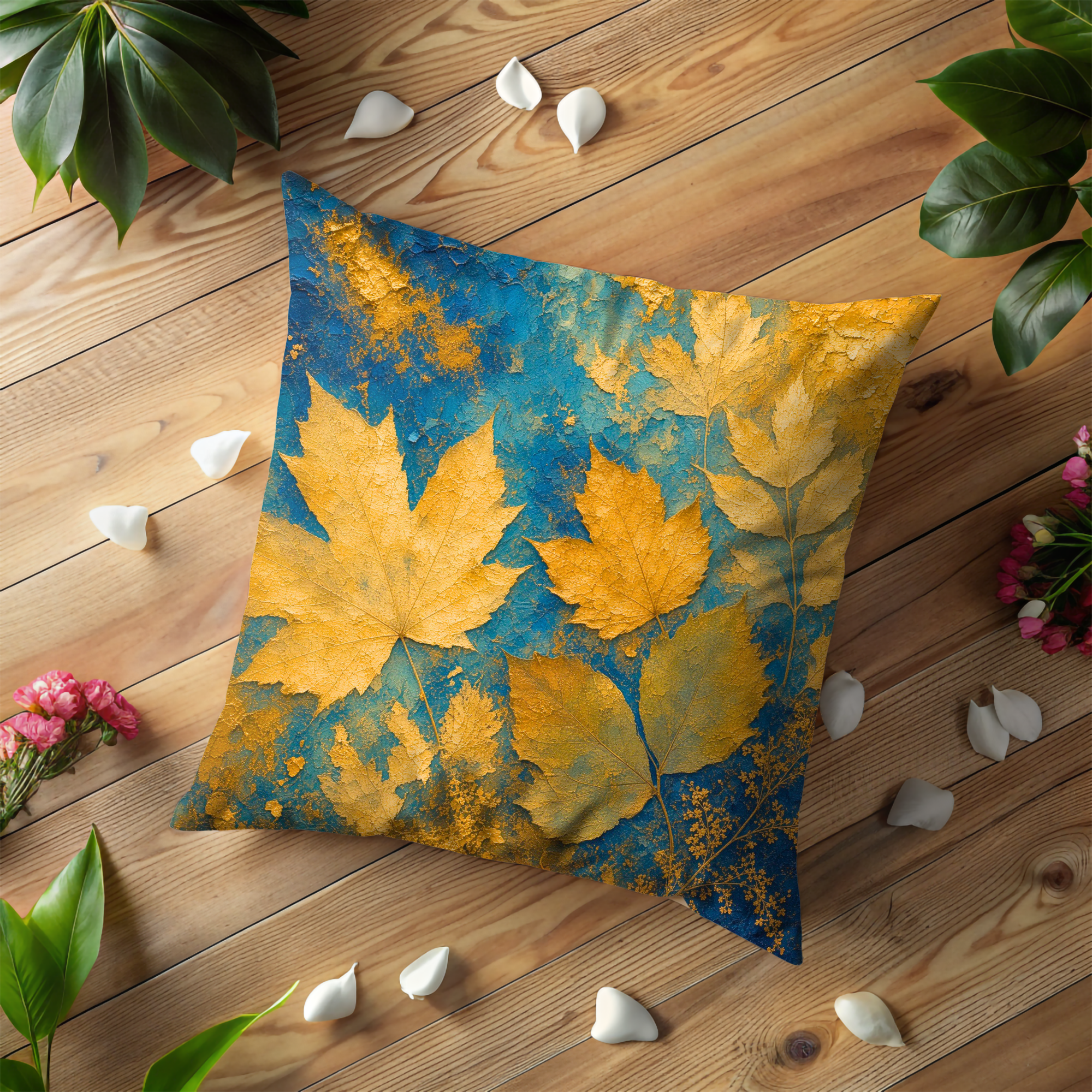 Golden Maple Leaves Pillow Cover | Textured Blue Botanical Art