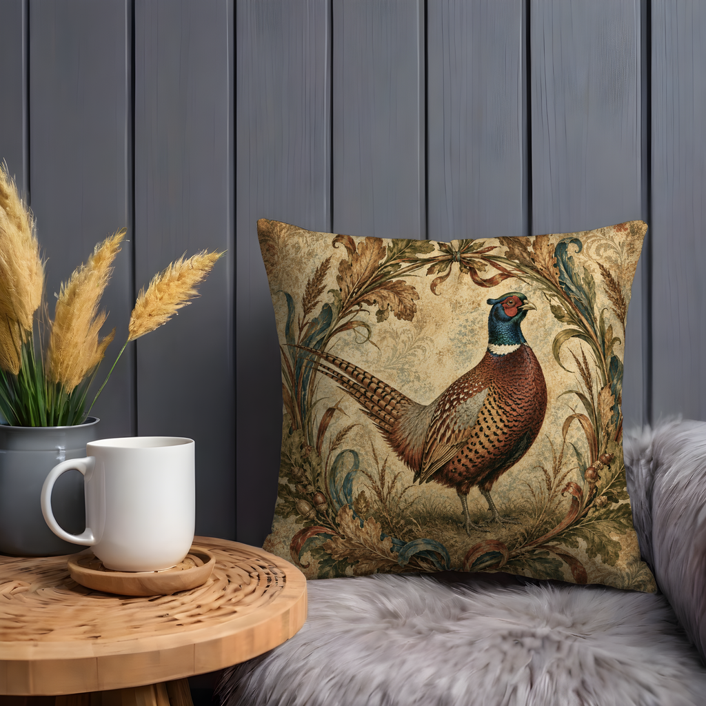 Ring-Necked Pheasant Pillow Cover | Vintage Woodland Wildlife Art