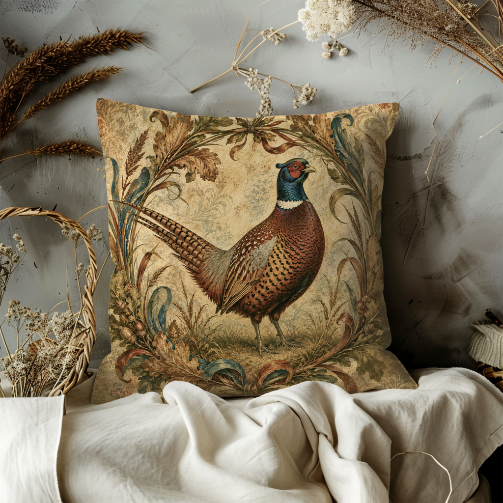 Ring-Necked Pheasant Pillow Cover | Vintage Woodland Wildlife Art