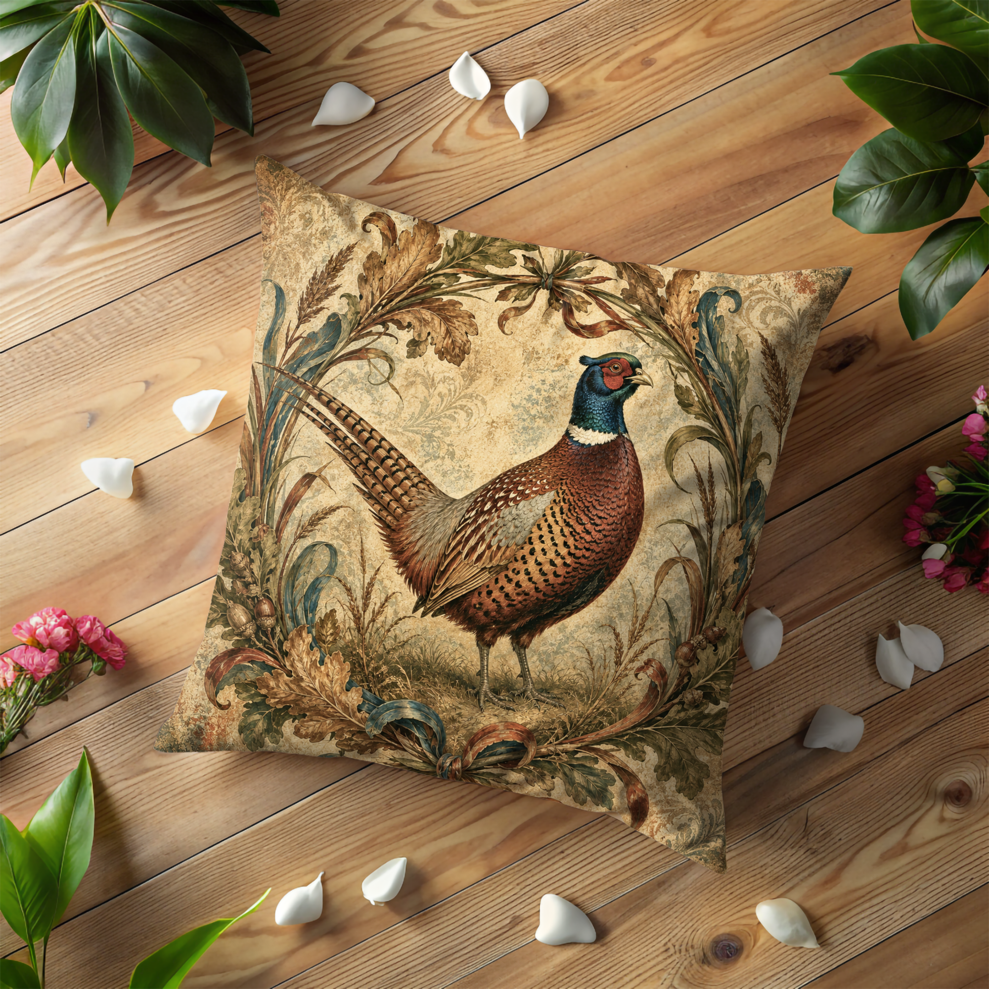 Ring-Necked Pheasant Pillow Cover | Vintage Woodland Wildlife Art