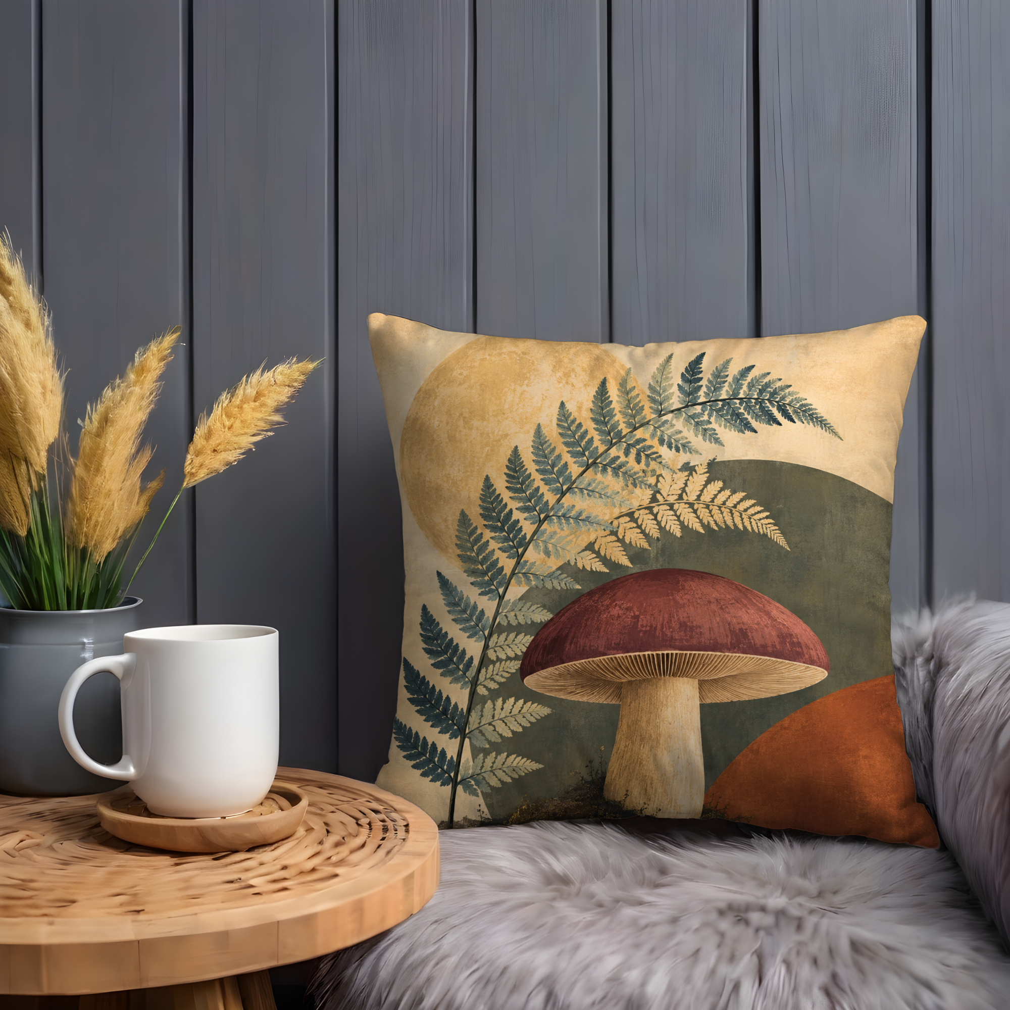 Fern and Mushroom Pillow Cover | Textured Botanical Landscape Art