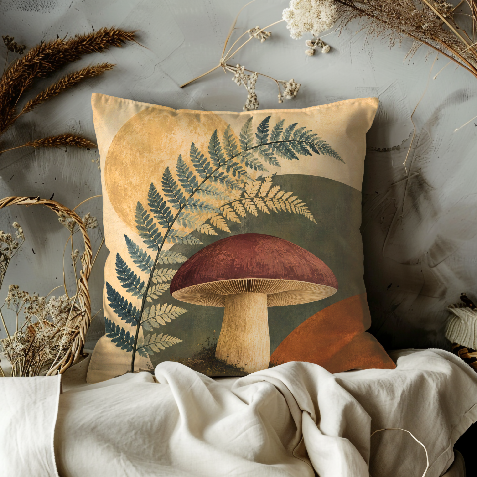 Fern and Mushroom Pillow Cover | Textured Botanical Landscape Art