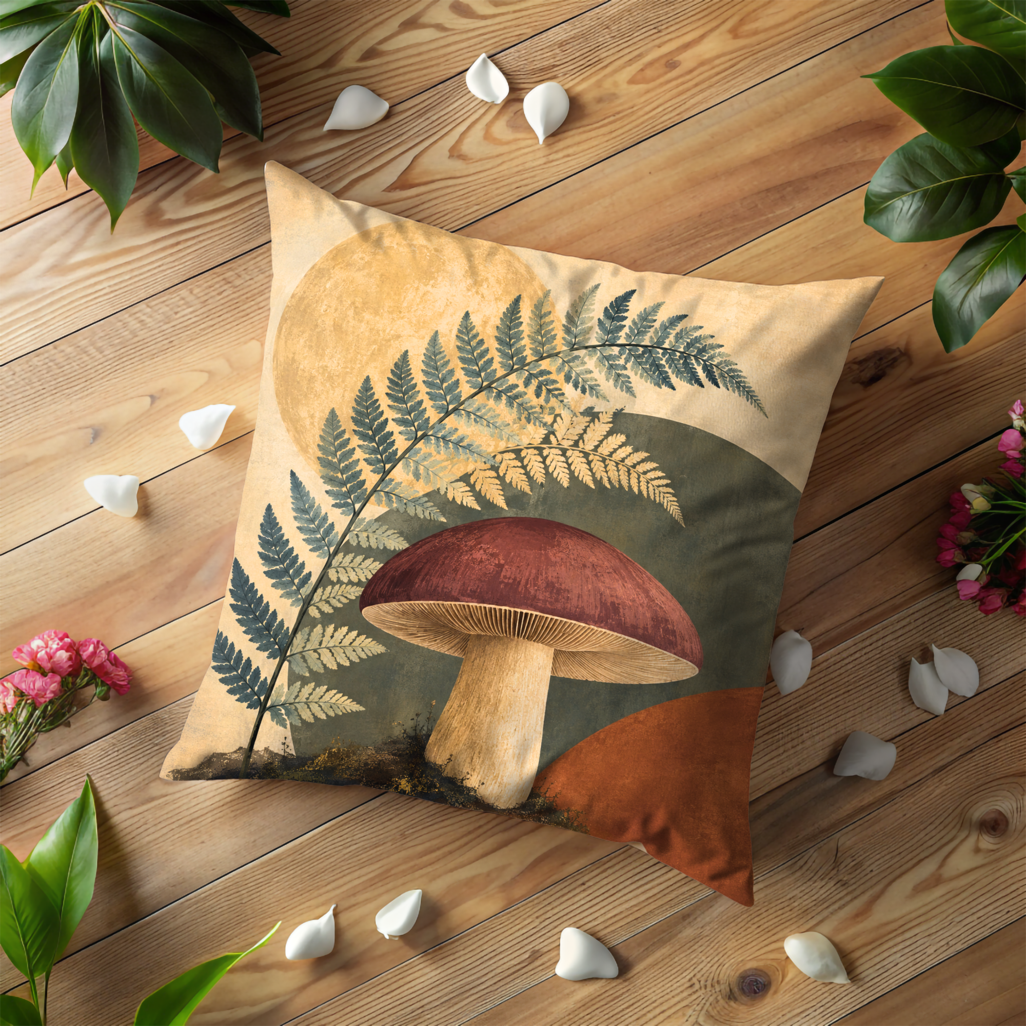 Fern and Mushroom Pillow Cover | Textured Botanical Landscape Art
