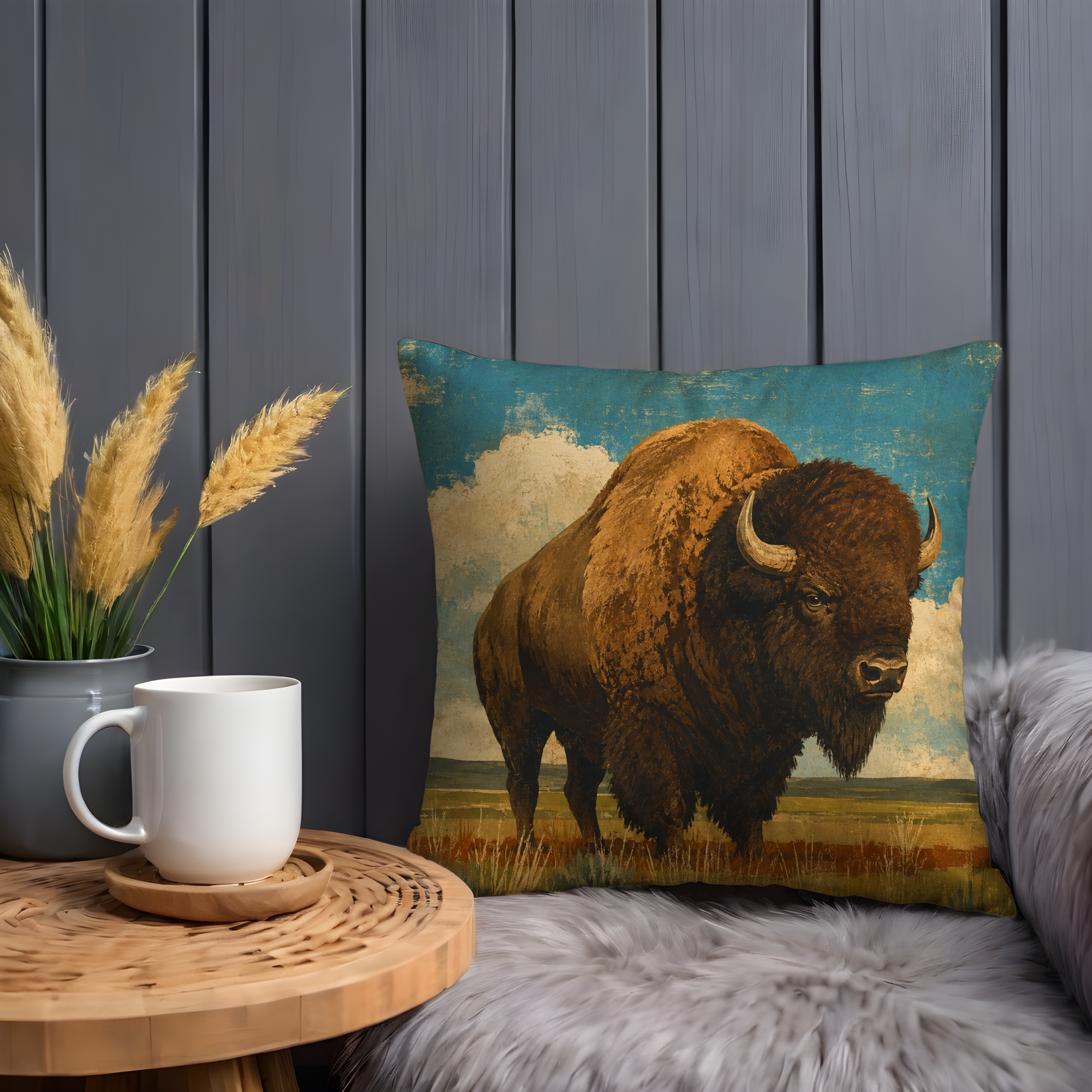 Bison Grassland Pillow Cover | Textured Western Wildlife Art