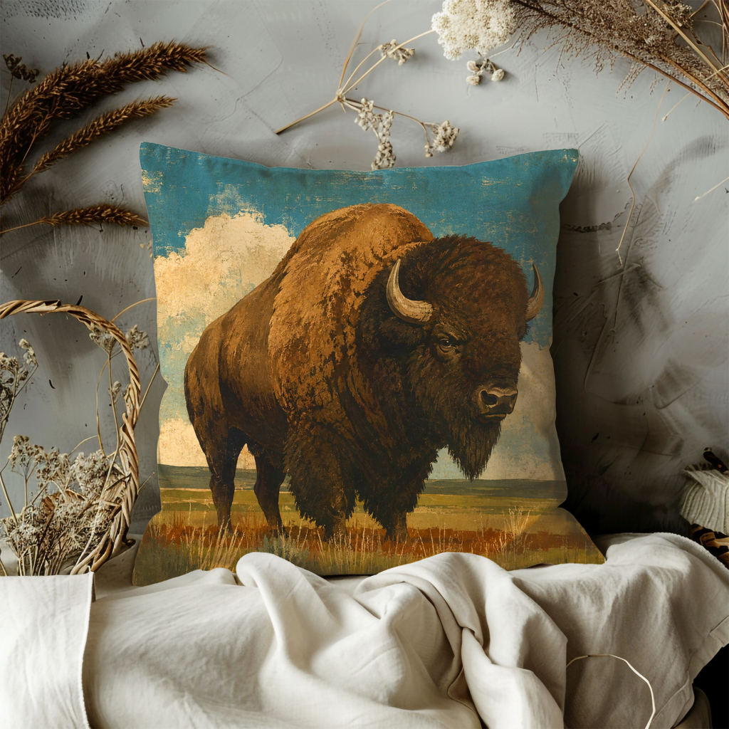 Bison Grassland Pillow Cover | Textured Western Wildlife Art