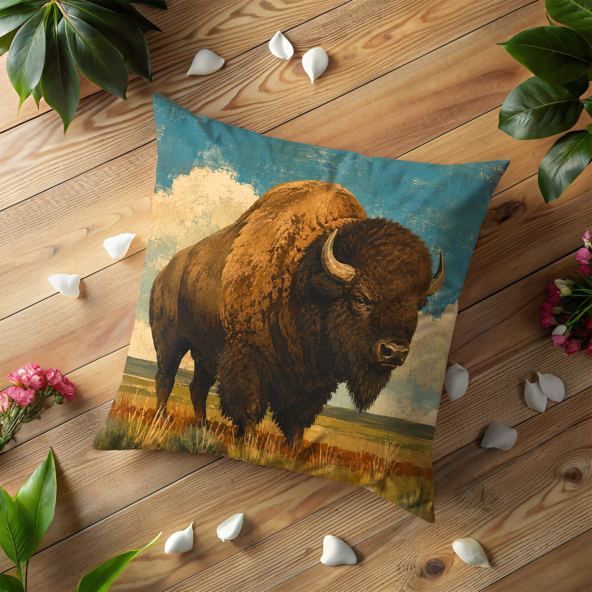 Bison Grassland Pillow Cover | Textured Western Wildlife Art