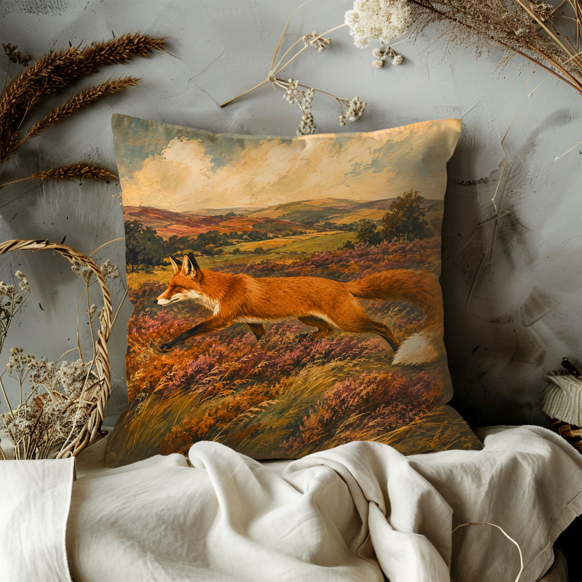 Red Fox Meadow Pillow Cover | Textured Autumn Wildlife Art