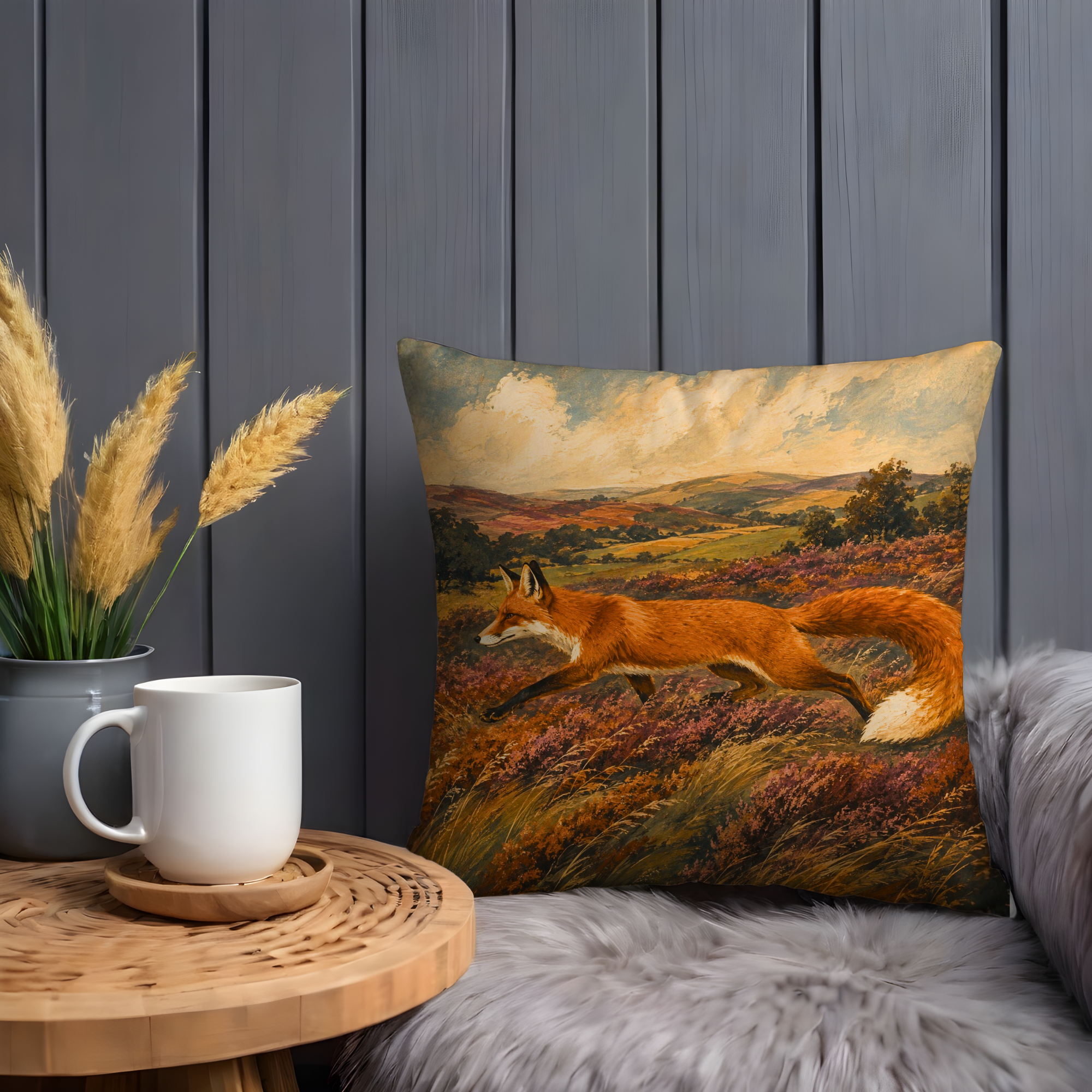 Red Fox Meadow Pillow Cover | Textured Autumn Wildlife Art