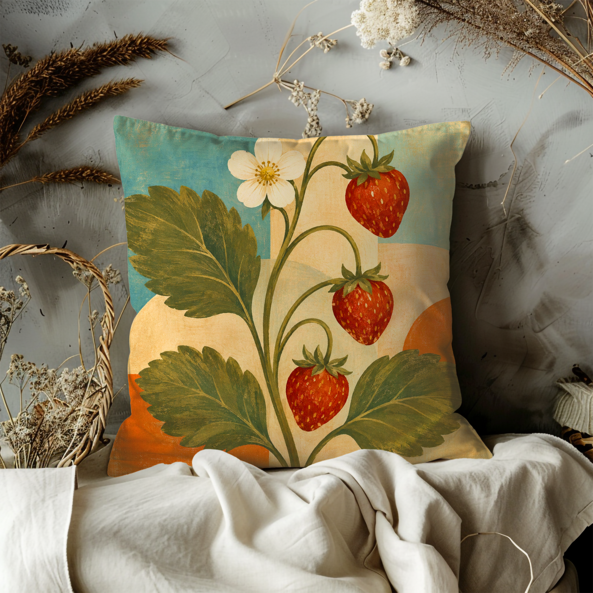 Strawberry Stem Pillow Cover | Bold Botanical Art