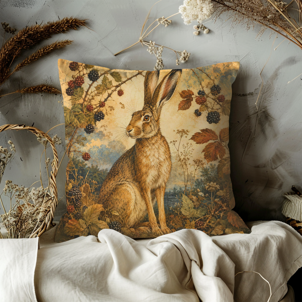 Blackberry Hare Pillow Cover | Textured Woodland Wildlife Art