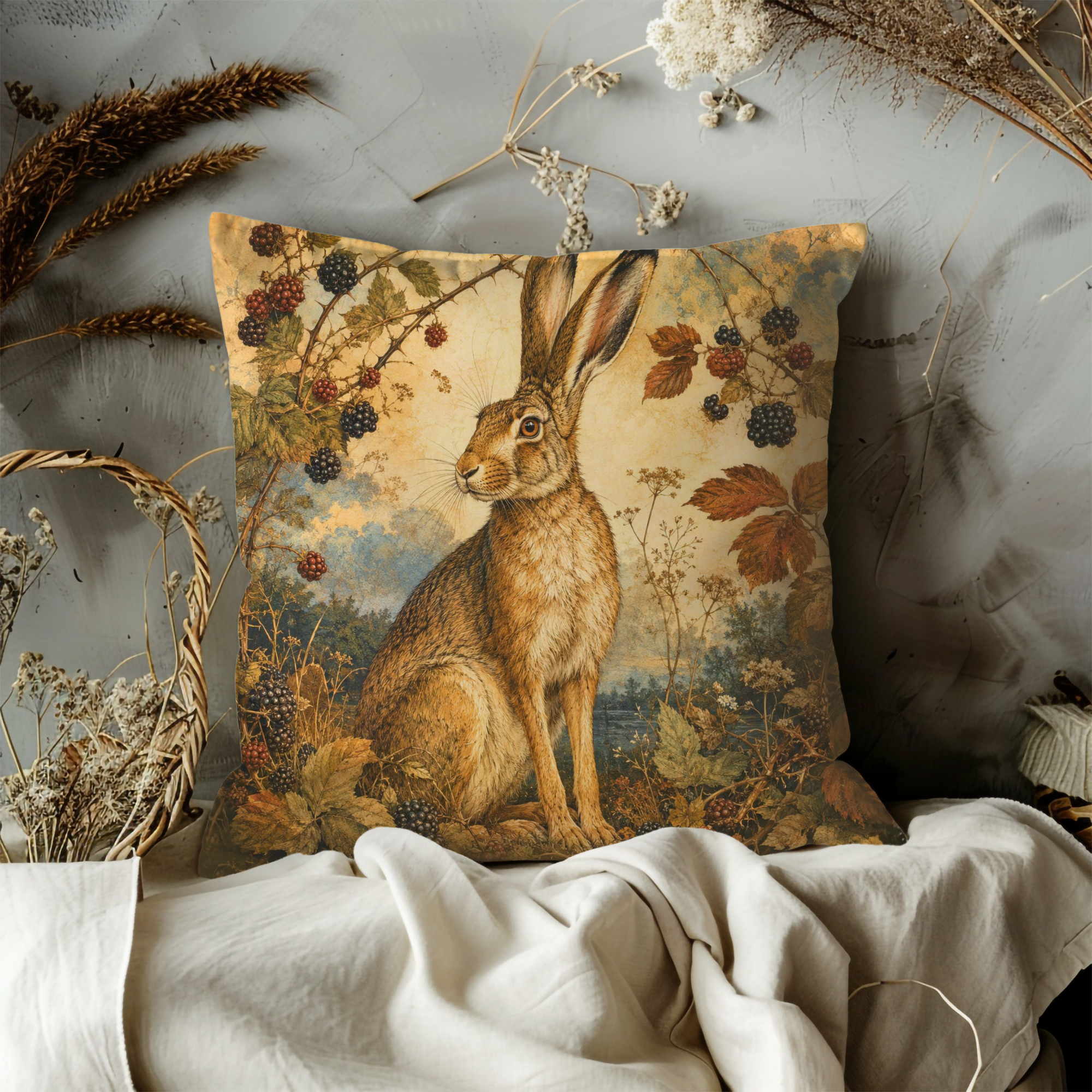 Blackberry Hare Pillow Cover | Textured Woodland Wildlife Art