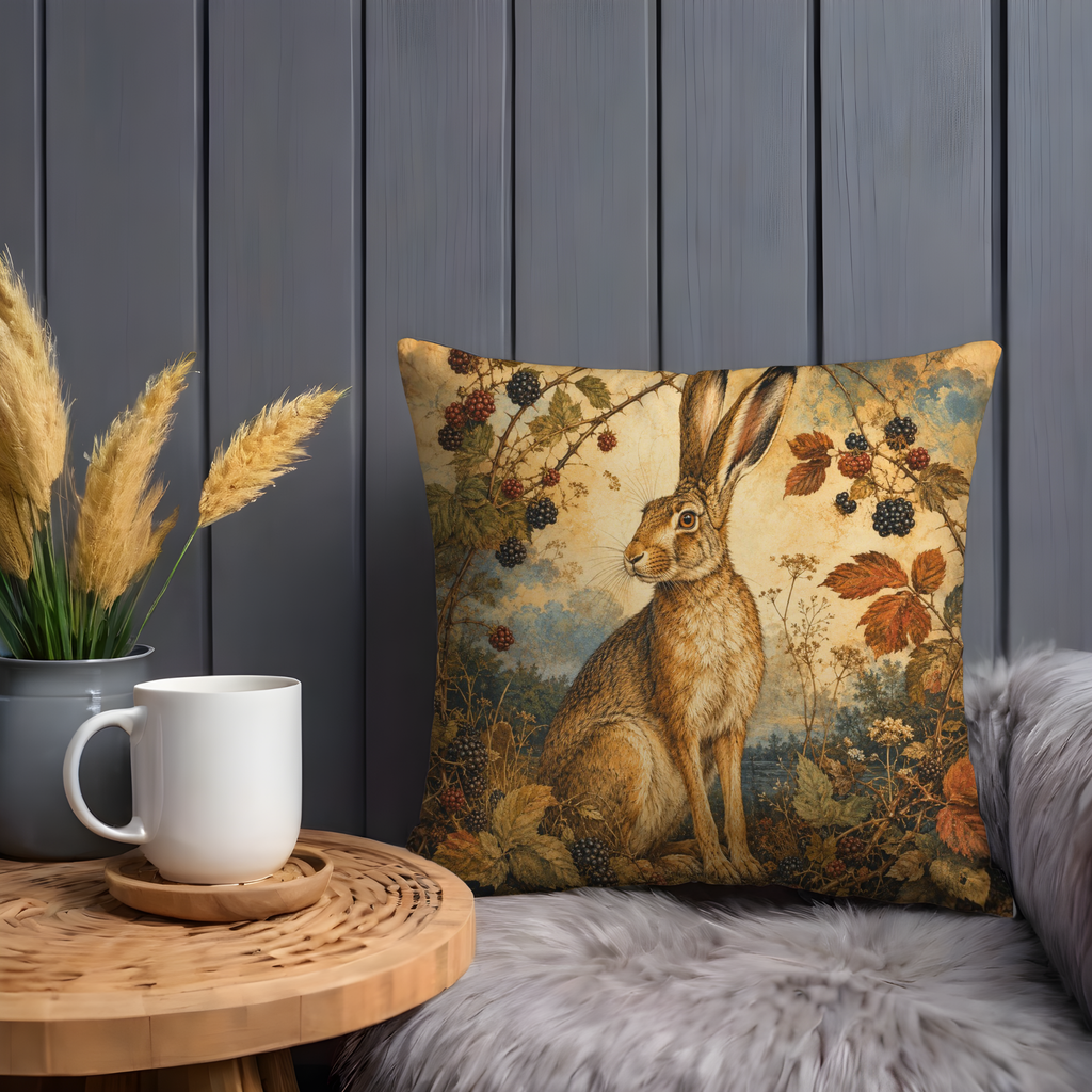Blackberry Hare Pillow Cover | Textured Woodland Wildlife Art