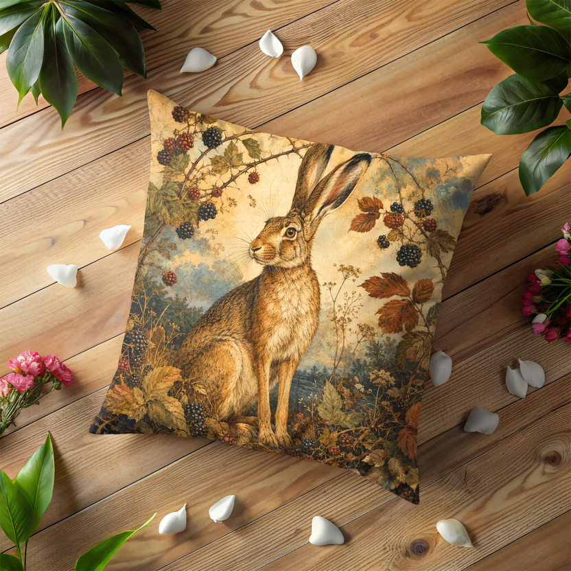 Blackberry Hare Pillow Cover | Textured Woodland Wildlife Art