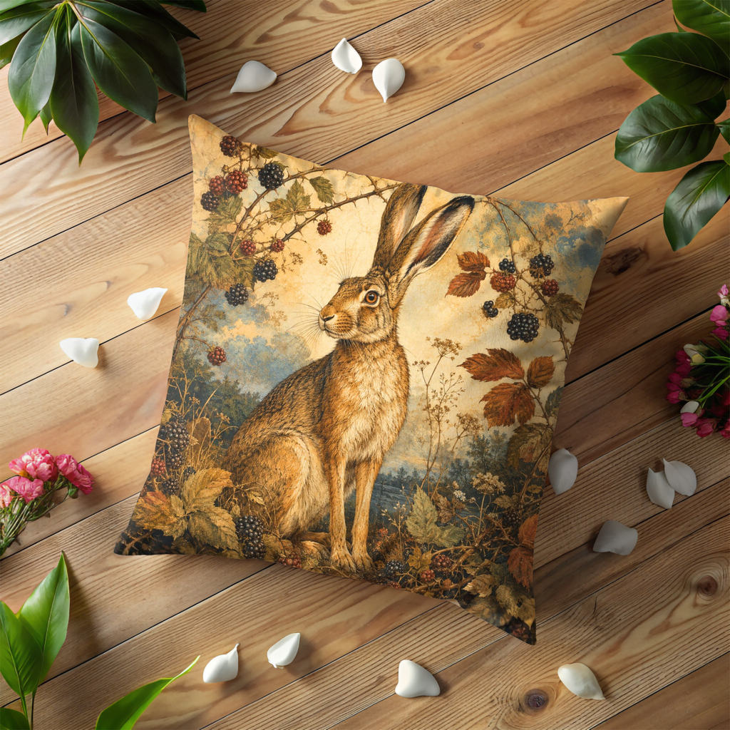 Blackberry Hare Pillow Cover | Textured Woodland Wildlife Art