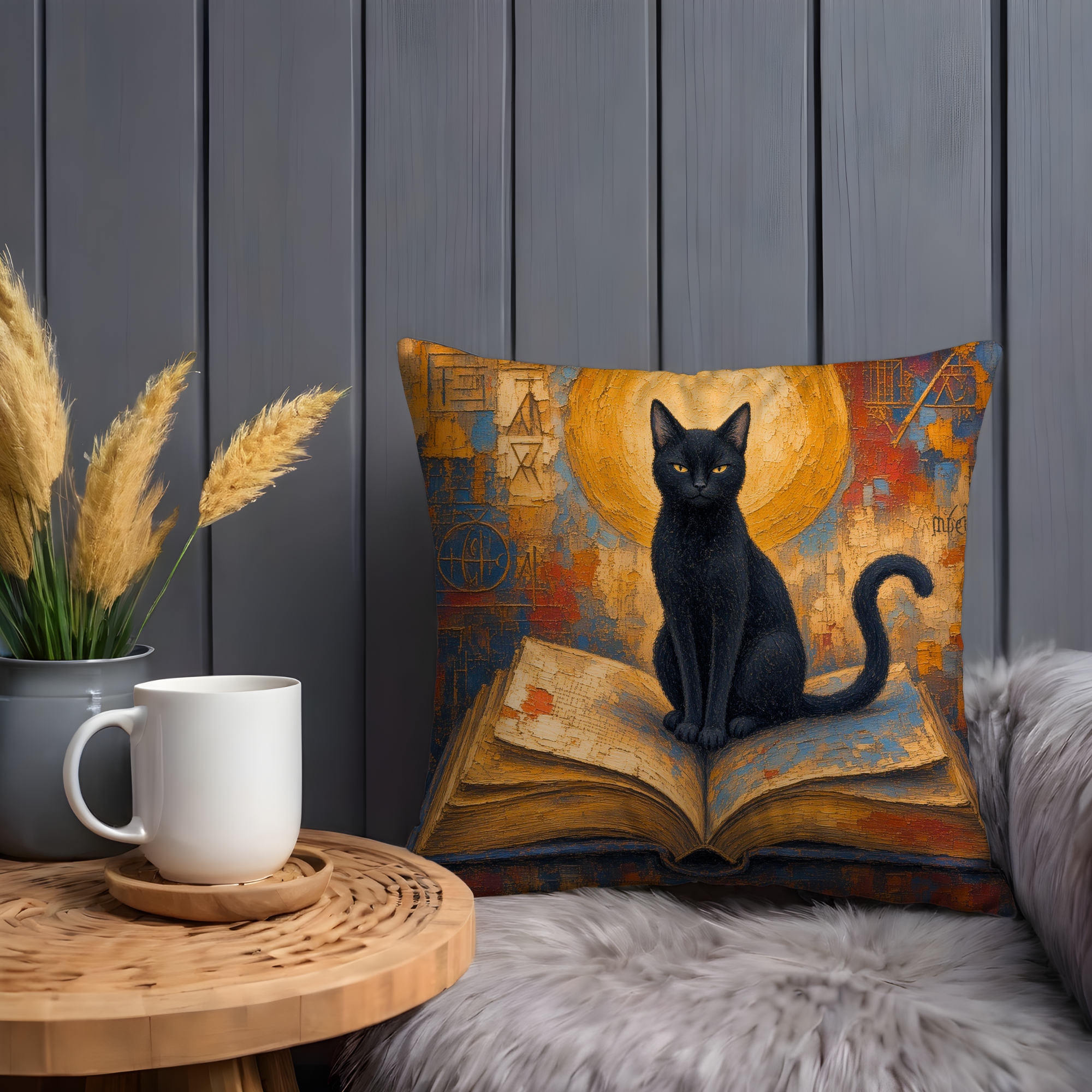 Black Cat Moon and Book Pillow Cover | Textured Nighttime Cat Art
