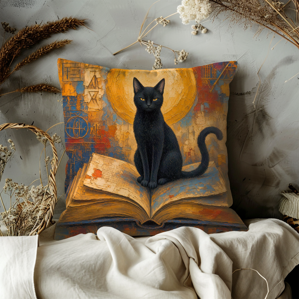 Black Cat Moon and Book Pillow Cover | Textured Nighttime Cat Art