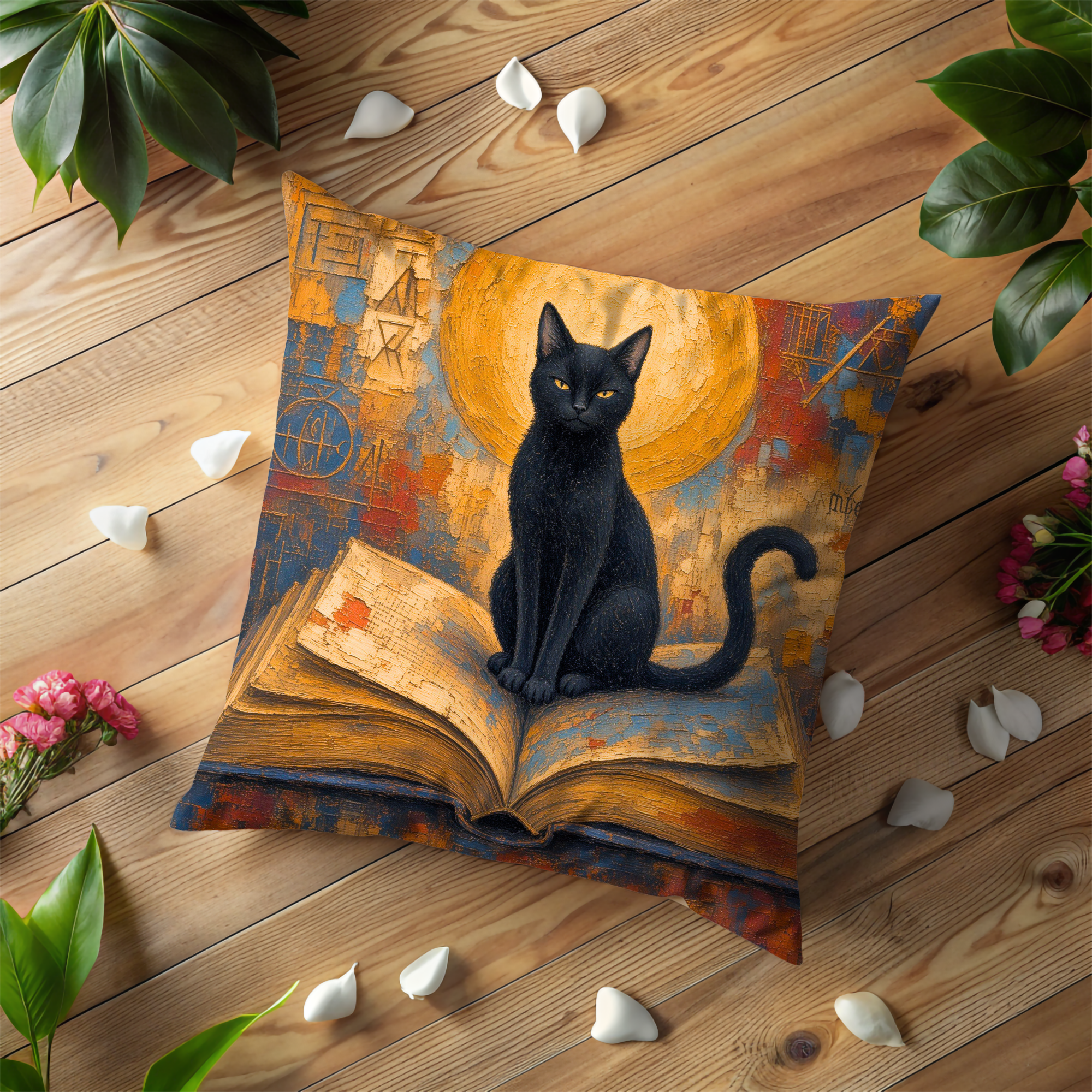 Black Cat Moon and Book Pillow Cover | Textured Nighttime Cat Art
