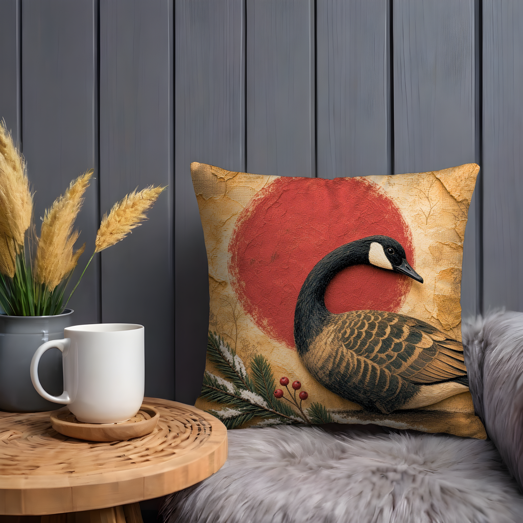 Canada Goose Red Sun Pine Berries Pillow Cover | Classic Wildlife Art | Bold Nature Decor