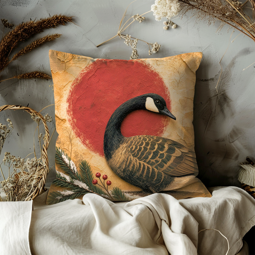 Canada Goose Red Sun Pine Berries Pillow Cover | Classic Wildlife Art | Bold Nature Decor