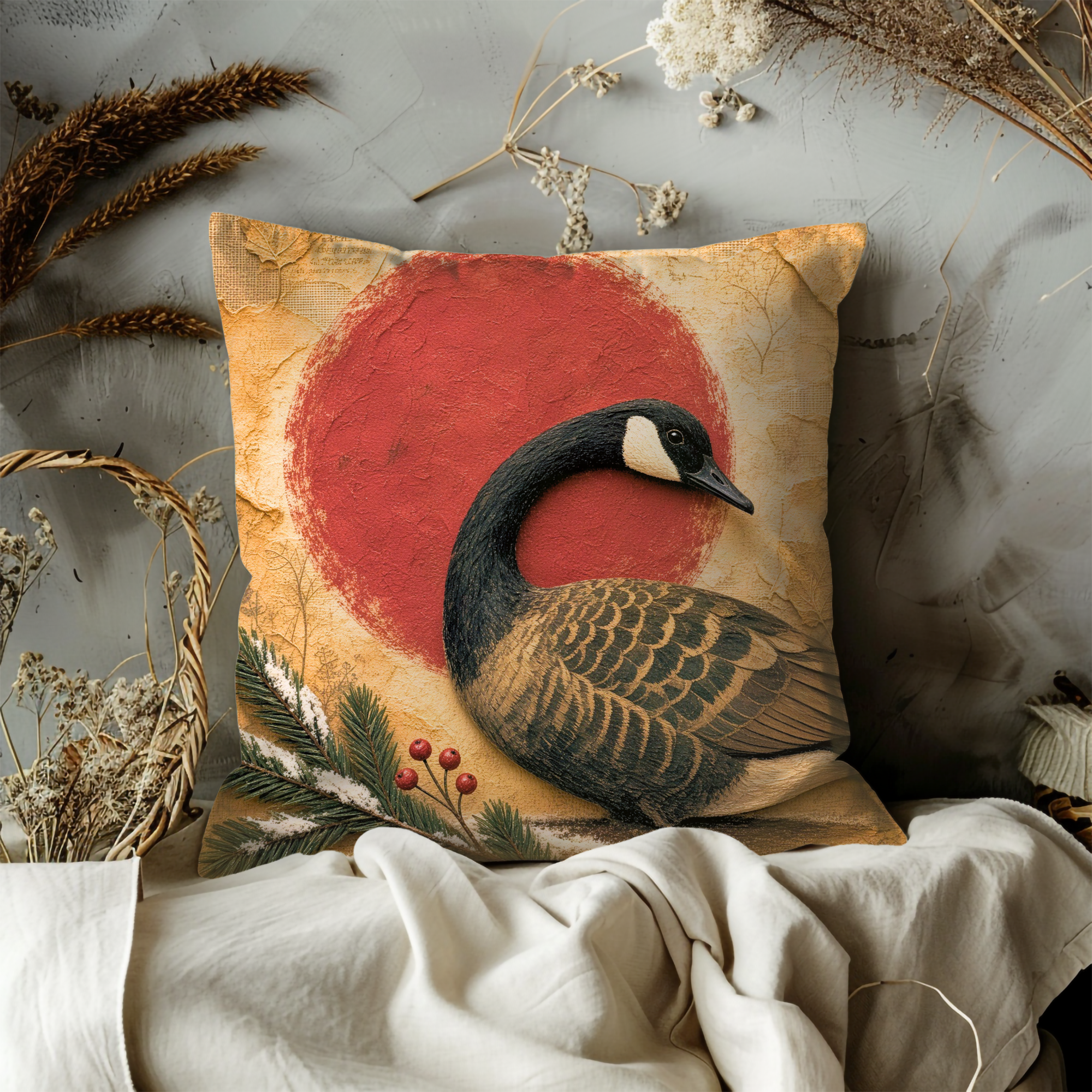 Canada Goose Red Sun Pine Berries Pillow Cover | Classic Wildlife Art | Bold Nature Decor