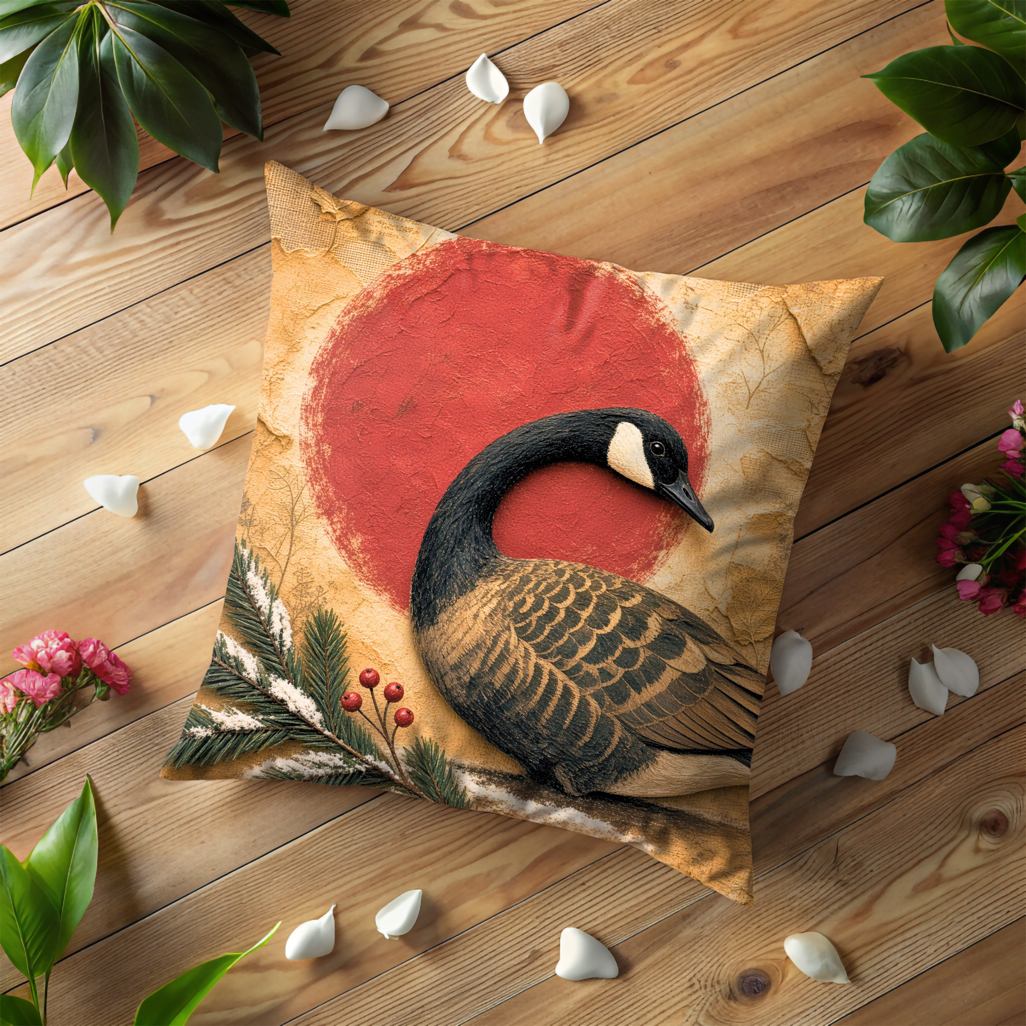 Canada Goose Red Sun Pine Berries Pillow Cover | Classic Wildlife Art | Bold Nature Decor