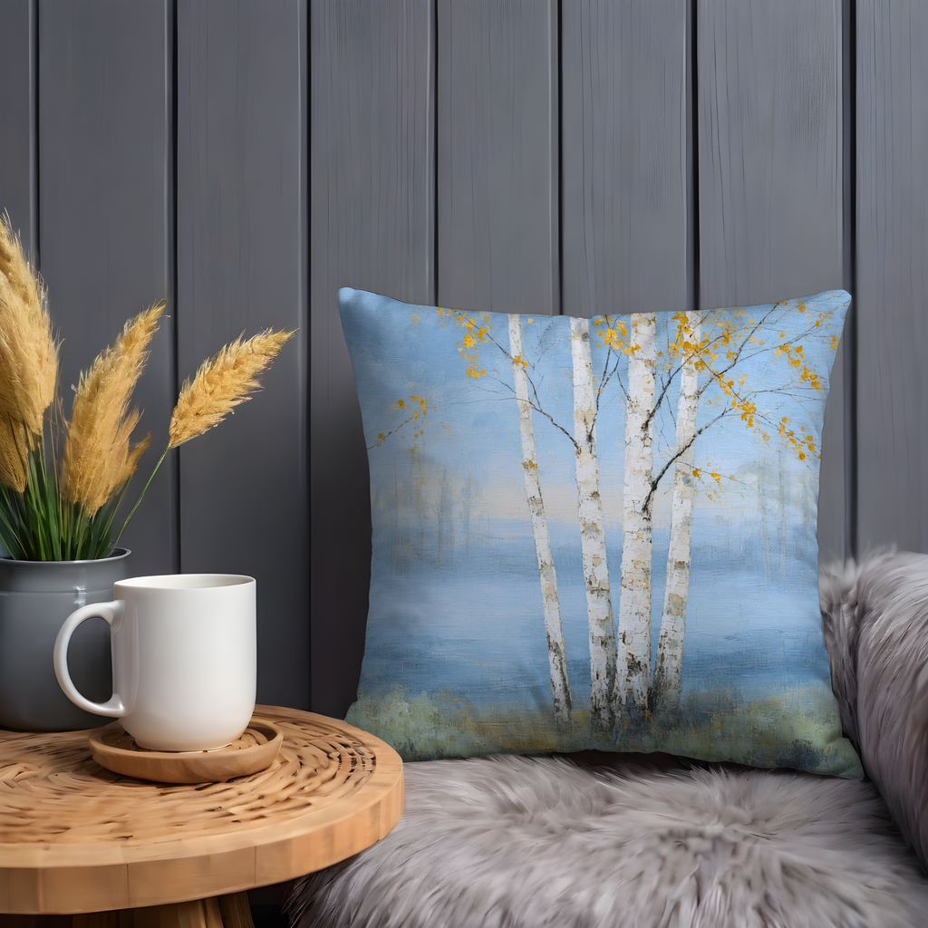 Golden Birch Trees Pillow Cover | Textured Blue Woodland Decor
