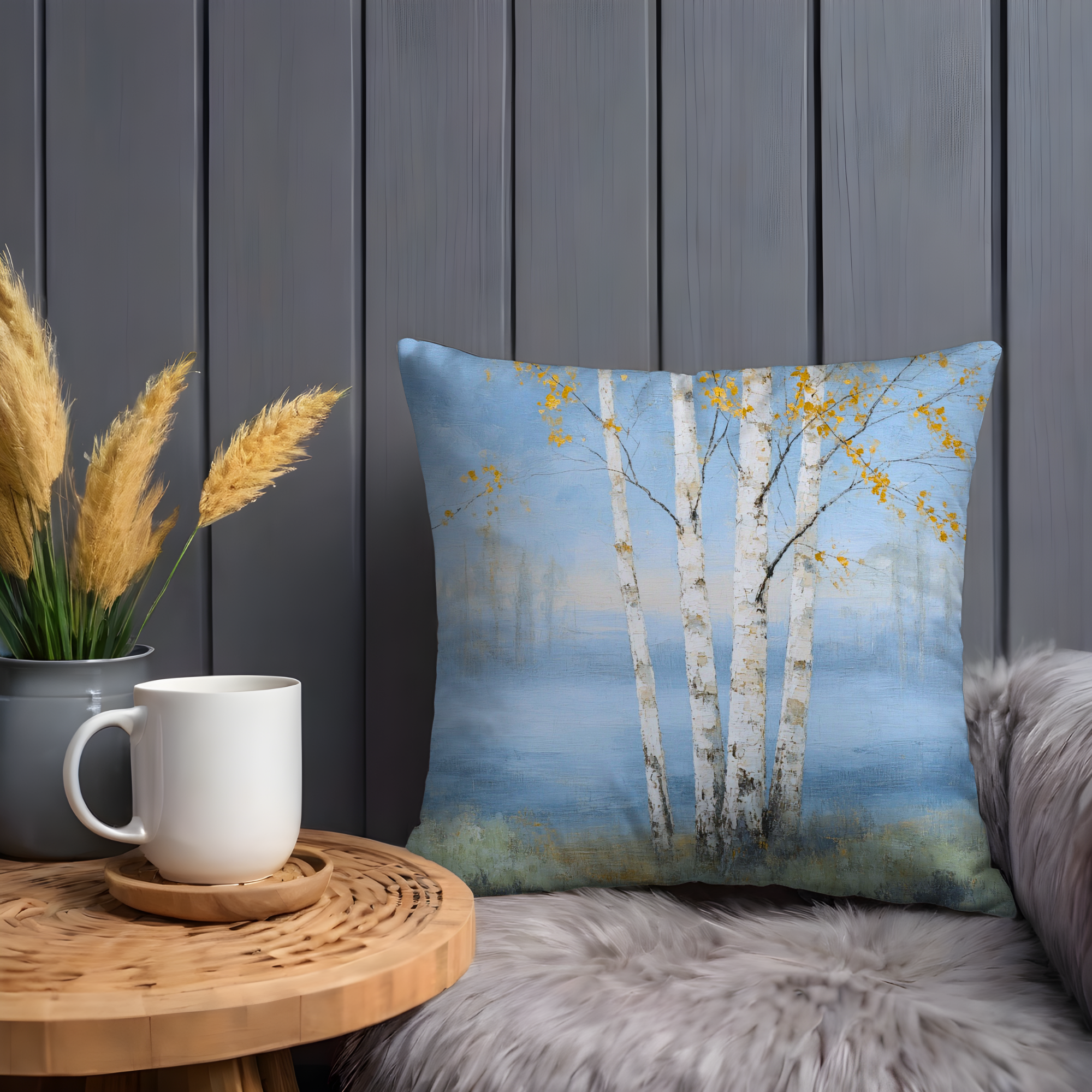 Golden Birch Trees Pillow Cover | Textured Blue Woodland Decor