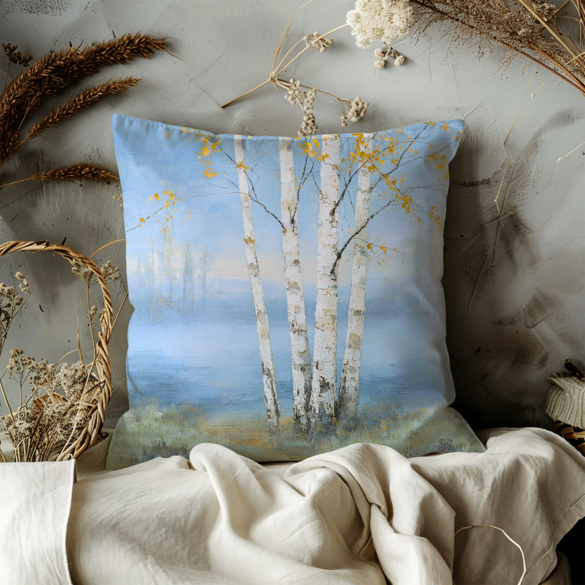 Golden Birch Trees Pillow Cover | Textured Blue Woodland Decor
