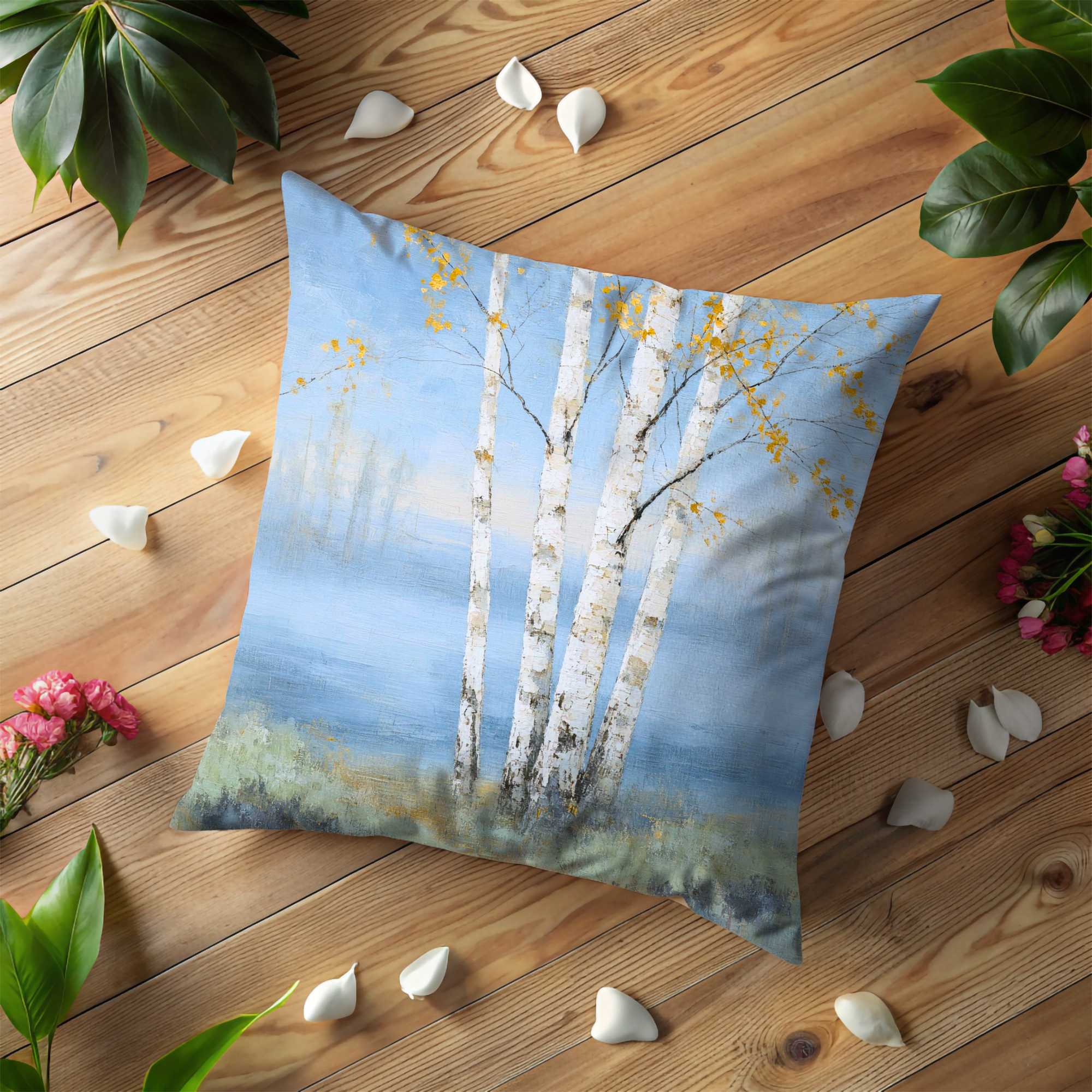 Golden Birch Trees Pillow Cover | Textured Blue Woodland Decor