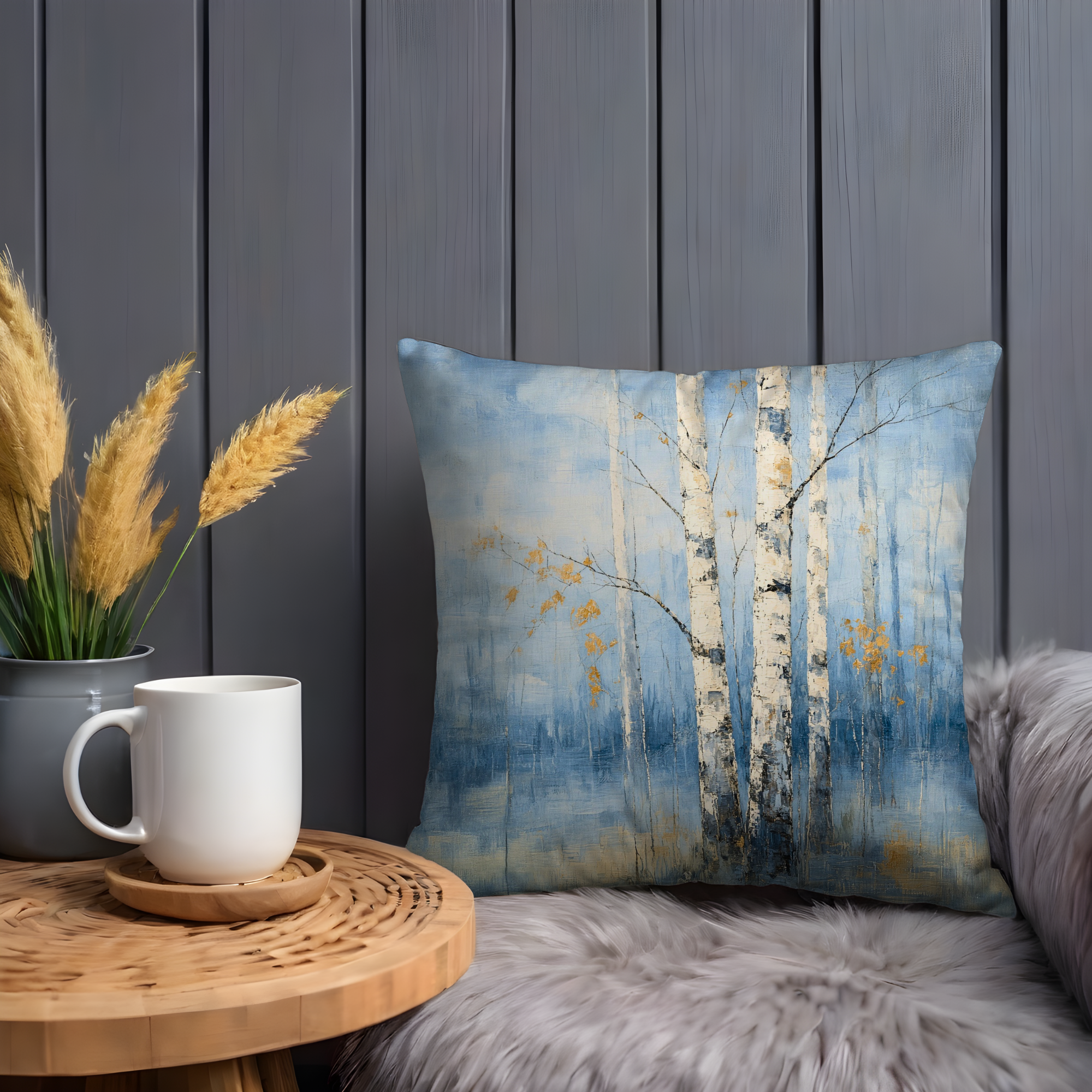 Blue Birch Trees Pillow Cover | Textured Winter Woodland Decor